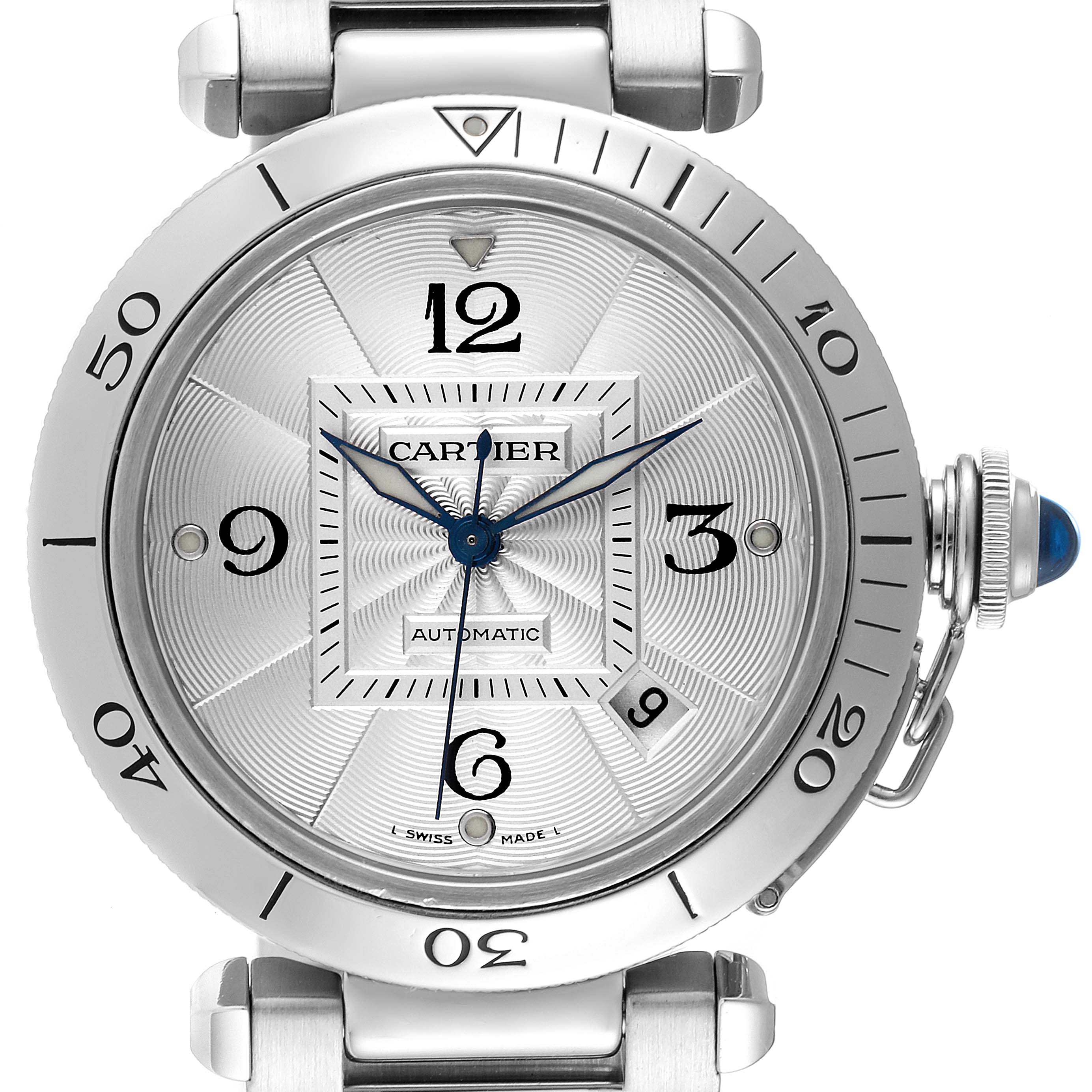 The image shows a frontal view of the dial of the Cartier Pasha W31059H3 Men
s Stainless Steel Silver Dial W31059H3 Men
s Stainless Steel Silver Dial watch, displaying its bezel, crown, and numerals.