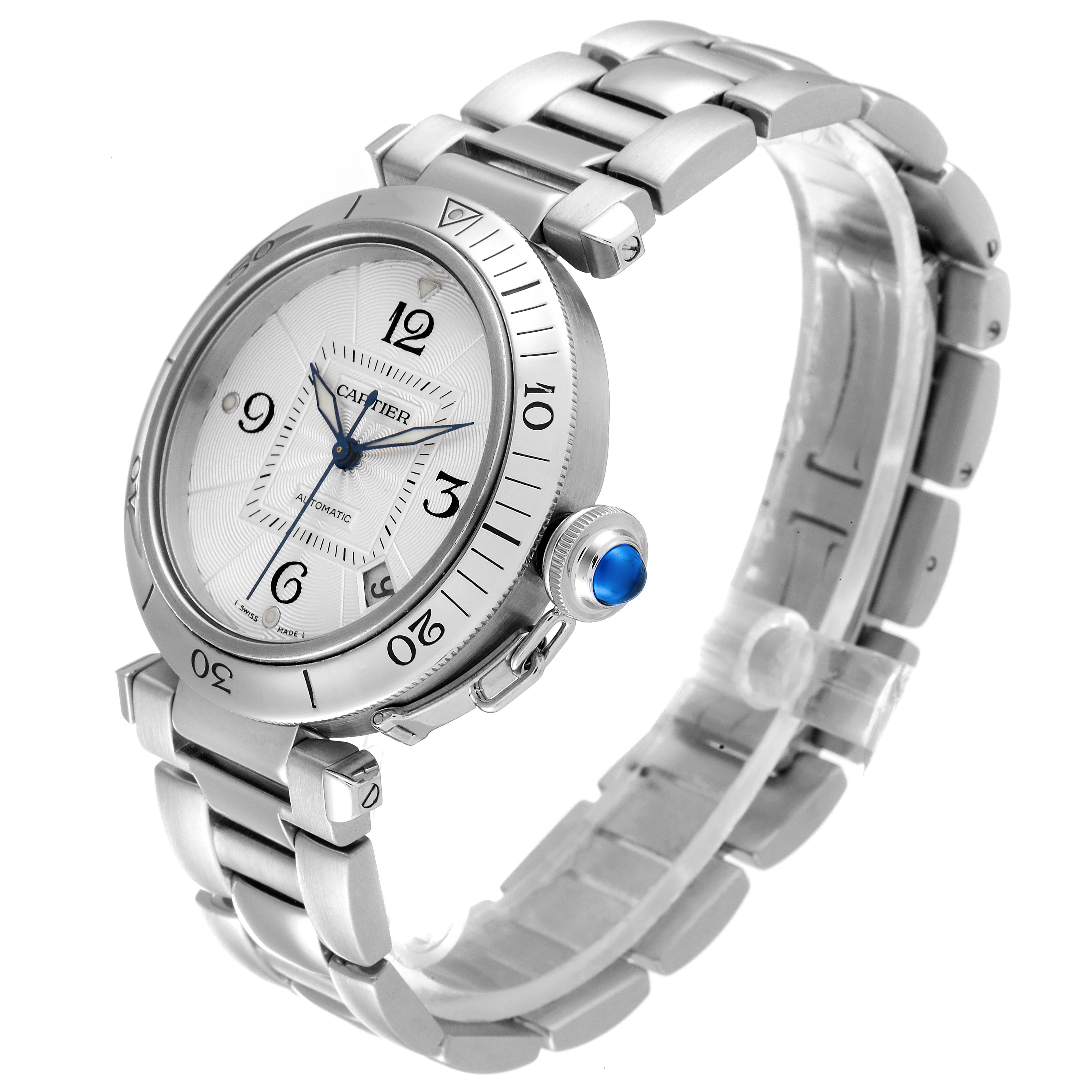 The Cartier Pasha W31059H3 Men
s Stainless Steel Silver Dial W31059H3 Men
s Stainless Steel Silver Dial watch is shown at a three-quarter angle, displaying the dial, case, bezel, crown, and bracelet.