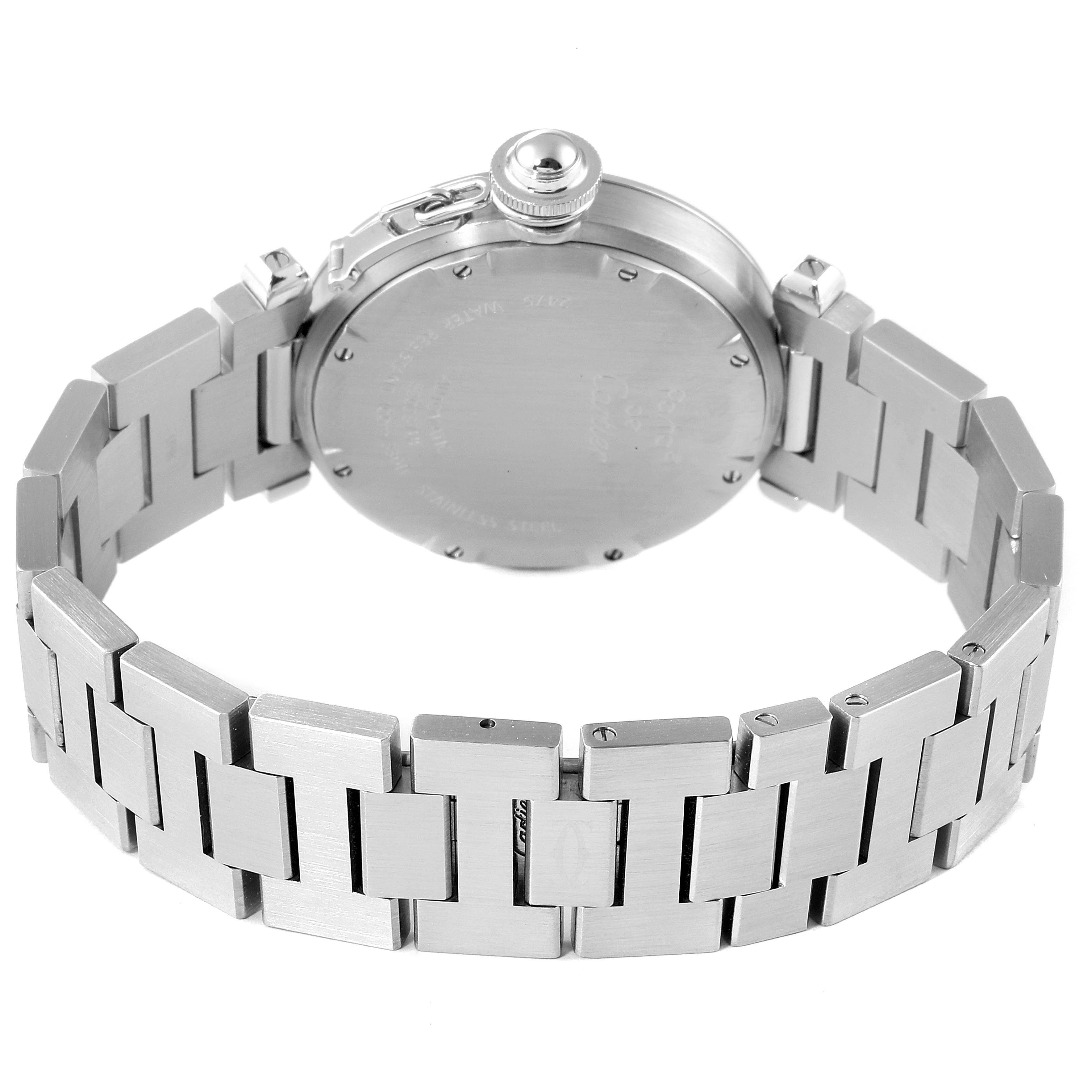 This image shows the back view of a Cartier Pasha W31055M7 Men's Stainless Steel White Dial W31055M7 Men's Stainless Steel White Dial watch, including its stainless steel bracelet and case back.