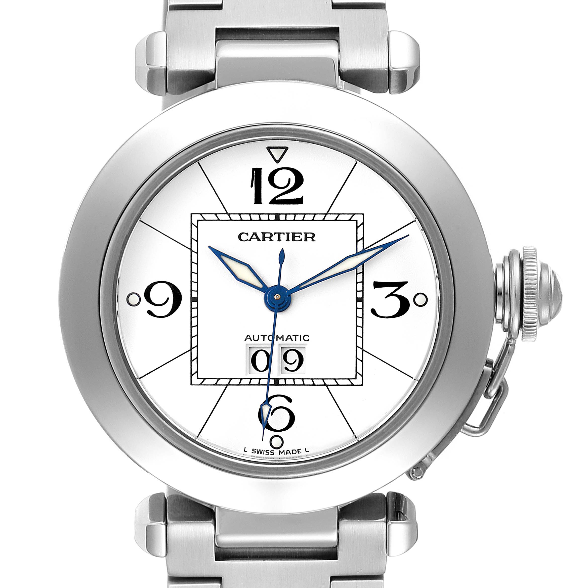 The image shows a front view of the Cartier Pasha W31055M7 Men's Stainless Steel White Dial W31055M7 Men's Stainless Steel White Dial watch, displaying the dial, hands, and part of the metal bracelet.