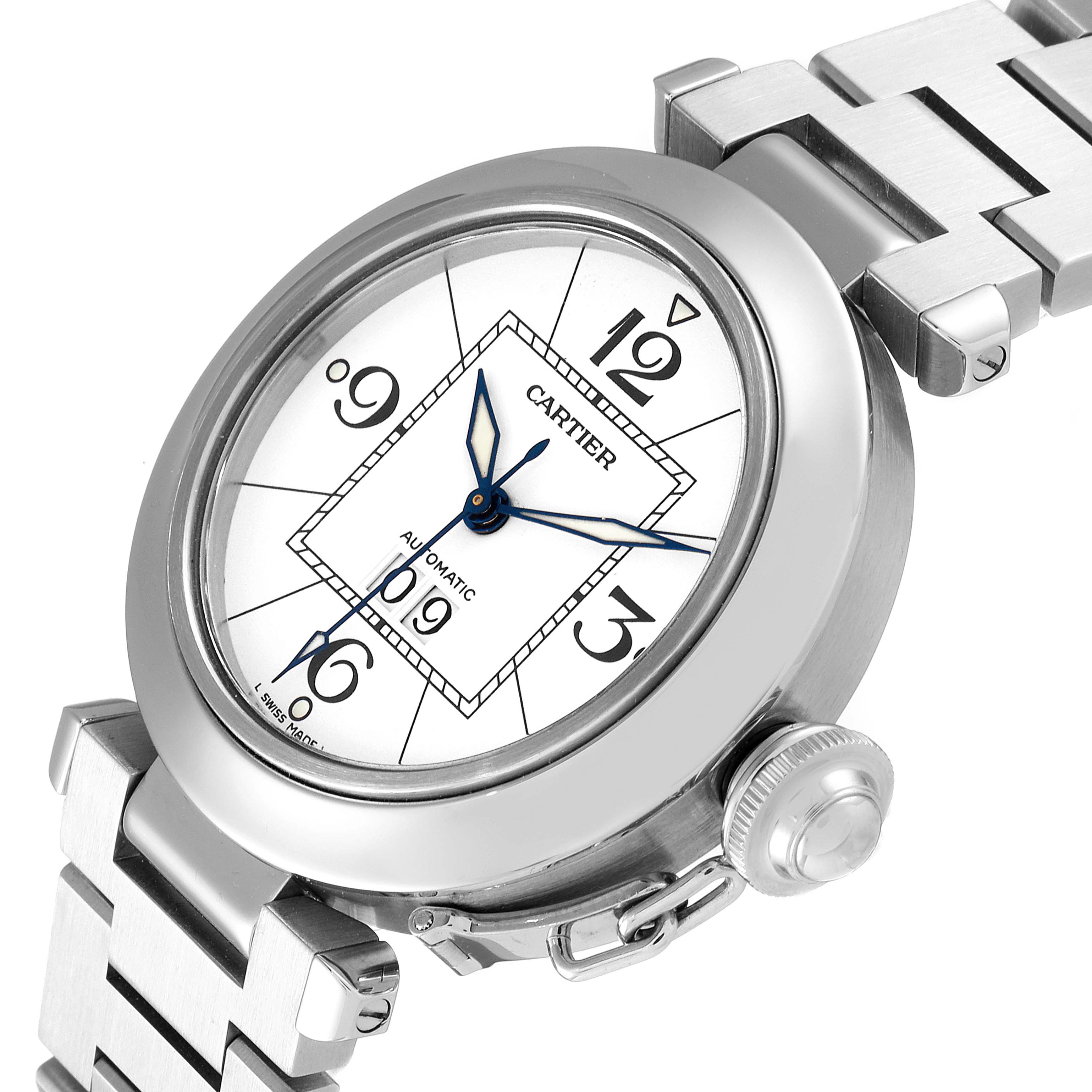 The image shows a Cartier Pasha W31055M7 Men's Stainless Steel White Dial W31055M7 Men's Stainless Steel White Dial watch from a slight upper angle, highlighting the dial, crown, and part of the bracelet.