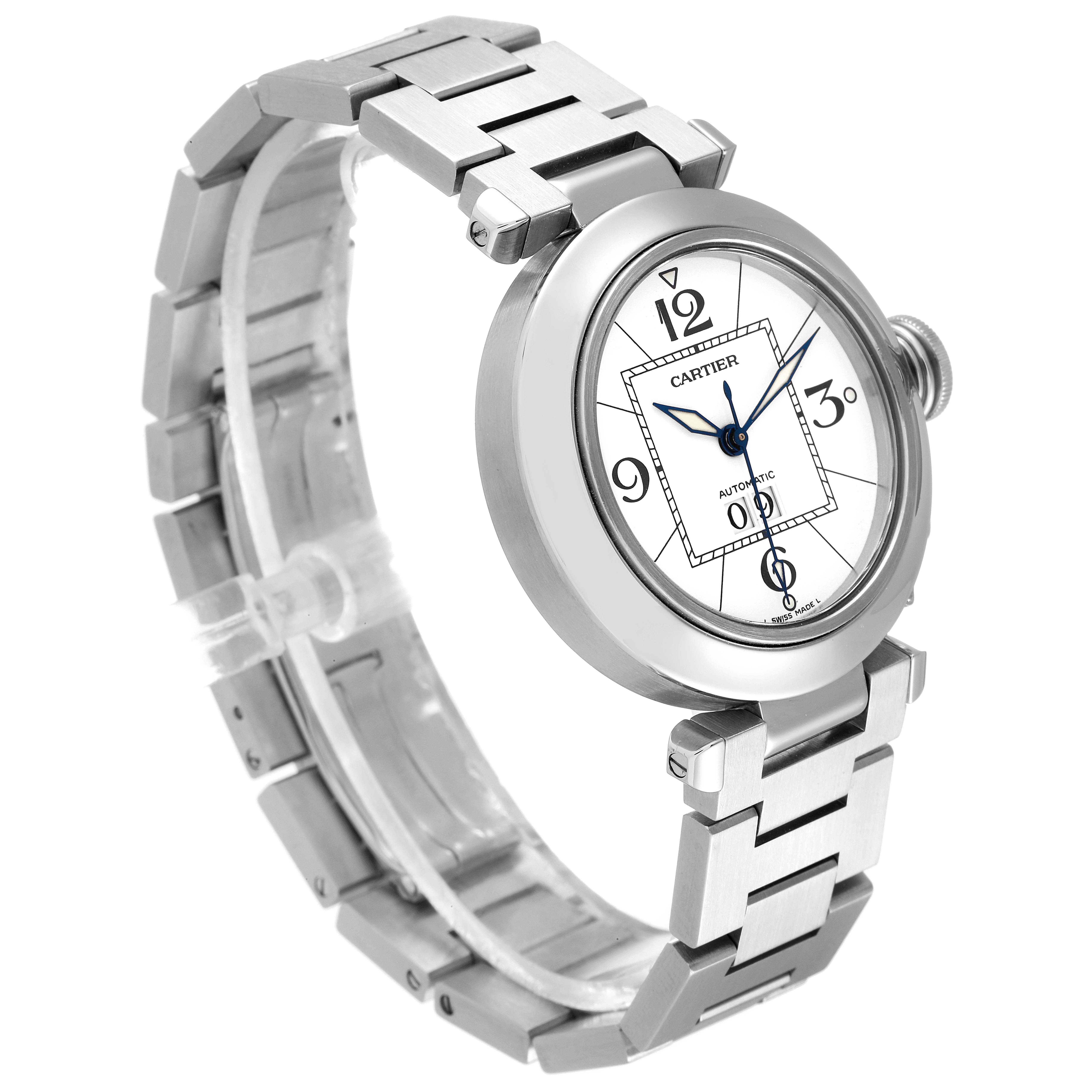 The Cartier Pasha W31055M7 Men's Stainless Steel White Dial W31055M7 Men's Stainless Steel White Dial watch is shown at a slight angle, displaying the face, crown, and stainless steel bracelet.