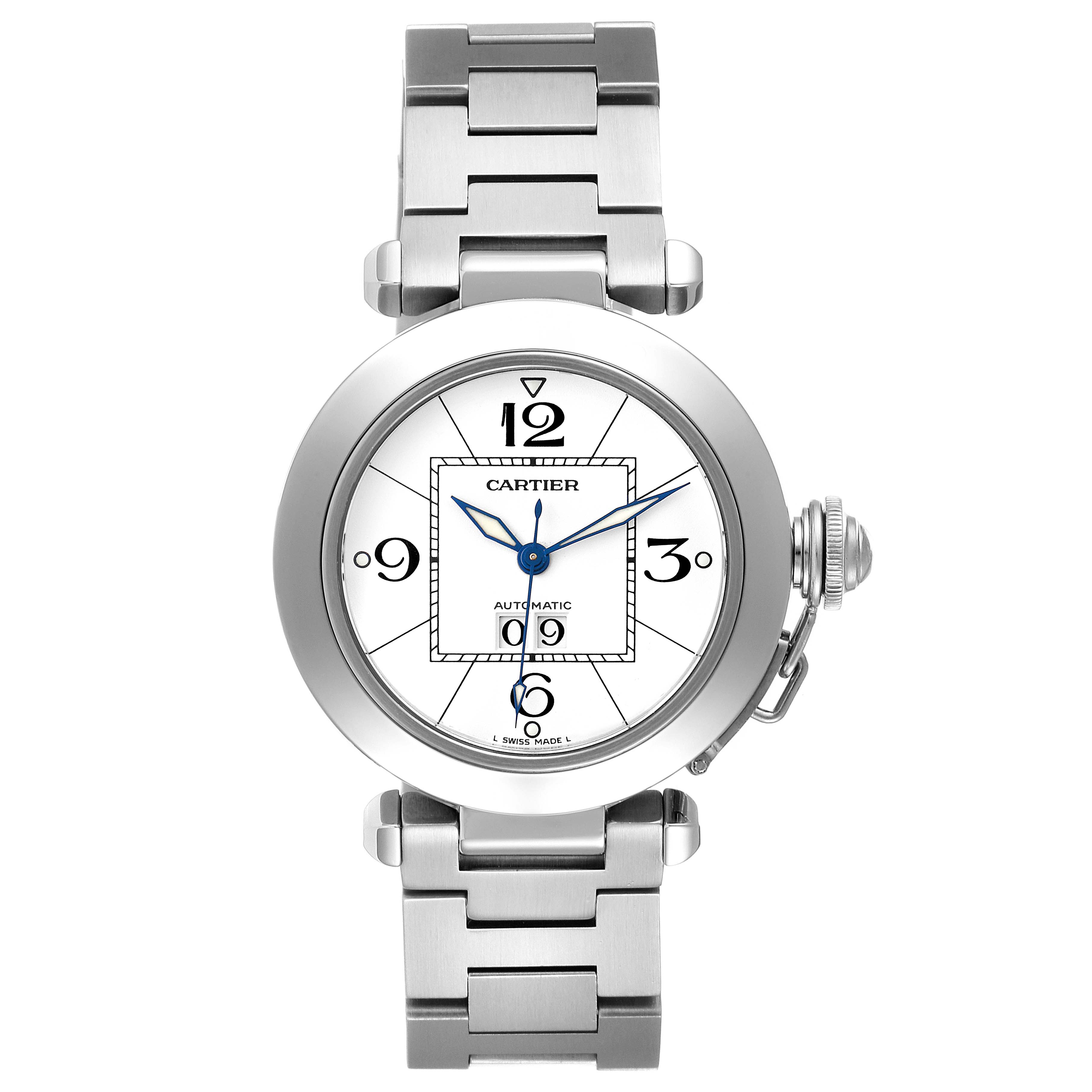 The image shows a front view of a Cartier Pasha W31055M7 Men's Stainless Steel White Dial W31055M7 Men's Stainless Steel White Dial watch displaying its face and bracelet.