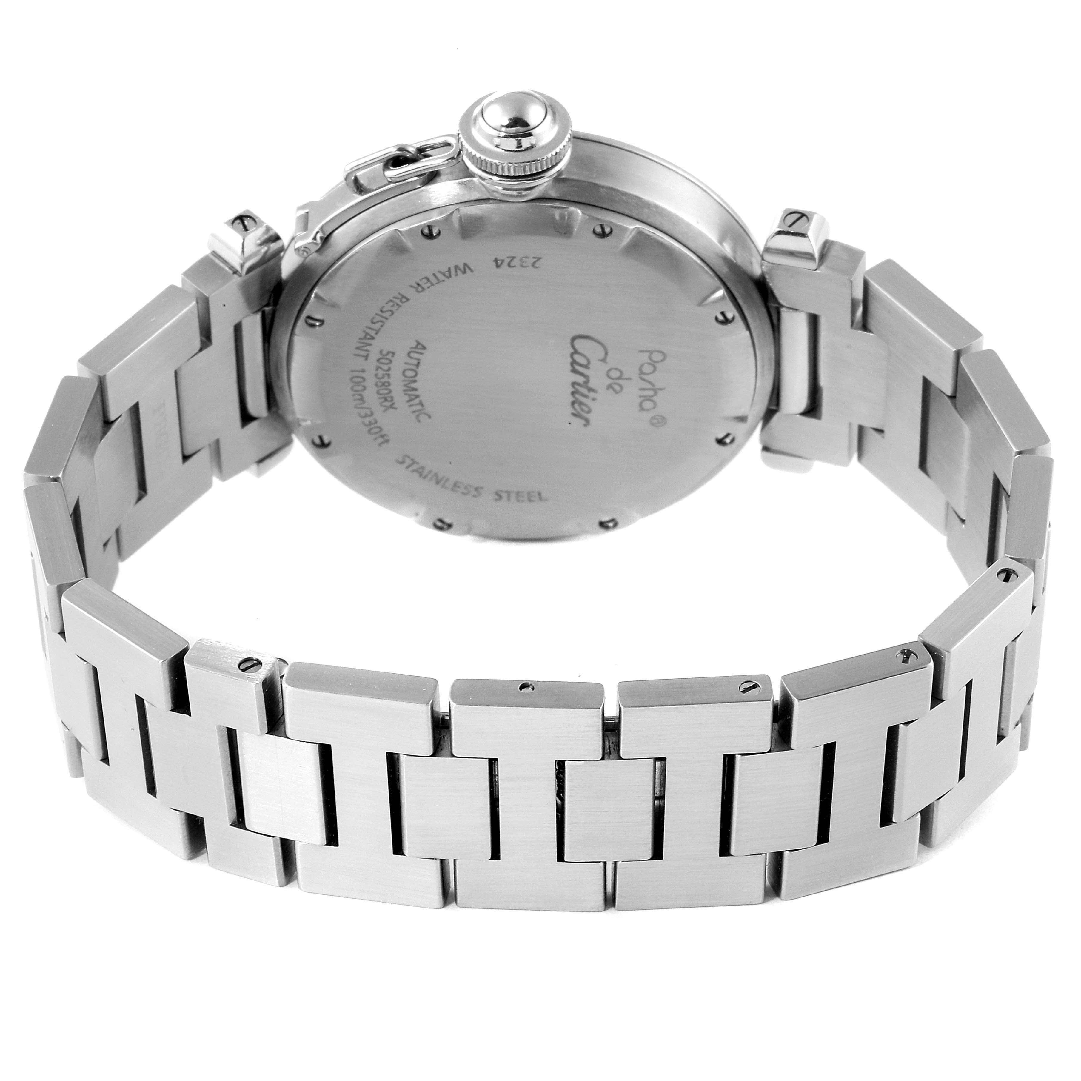This image shows the back view of the Cartier Pasha W31074M7 Men's Stainless Steel White Dial W31074M7 Men's Stainless Steel White Dial watch, highlighting the case back and metal bracelet.