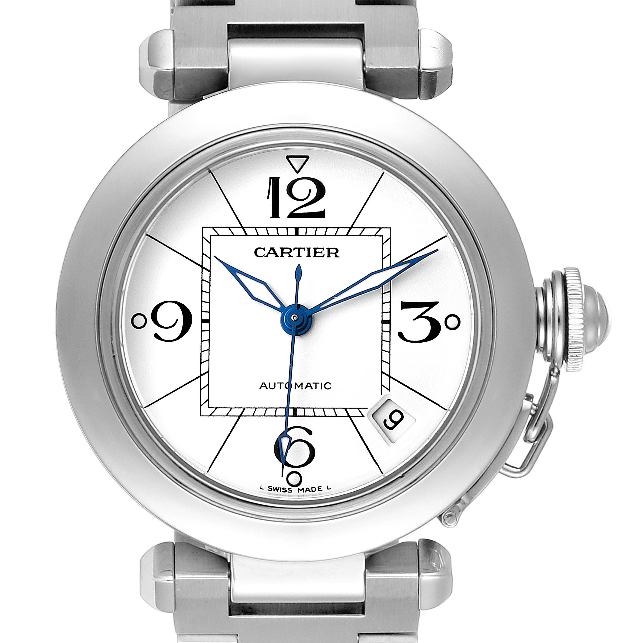 The Cartier Pasha W31074M7 Men's Stainless Steel White Dial W31074M7 Men's Stainless Steel White Dial watch is shown from a front angle, displaying the dial, hands, date window, and part of the bracelet.