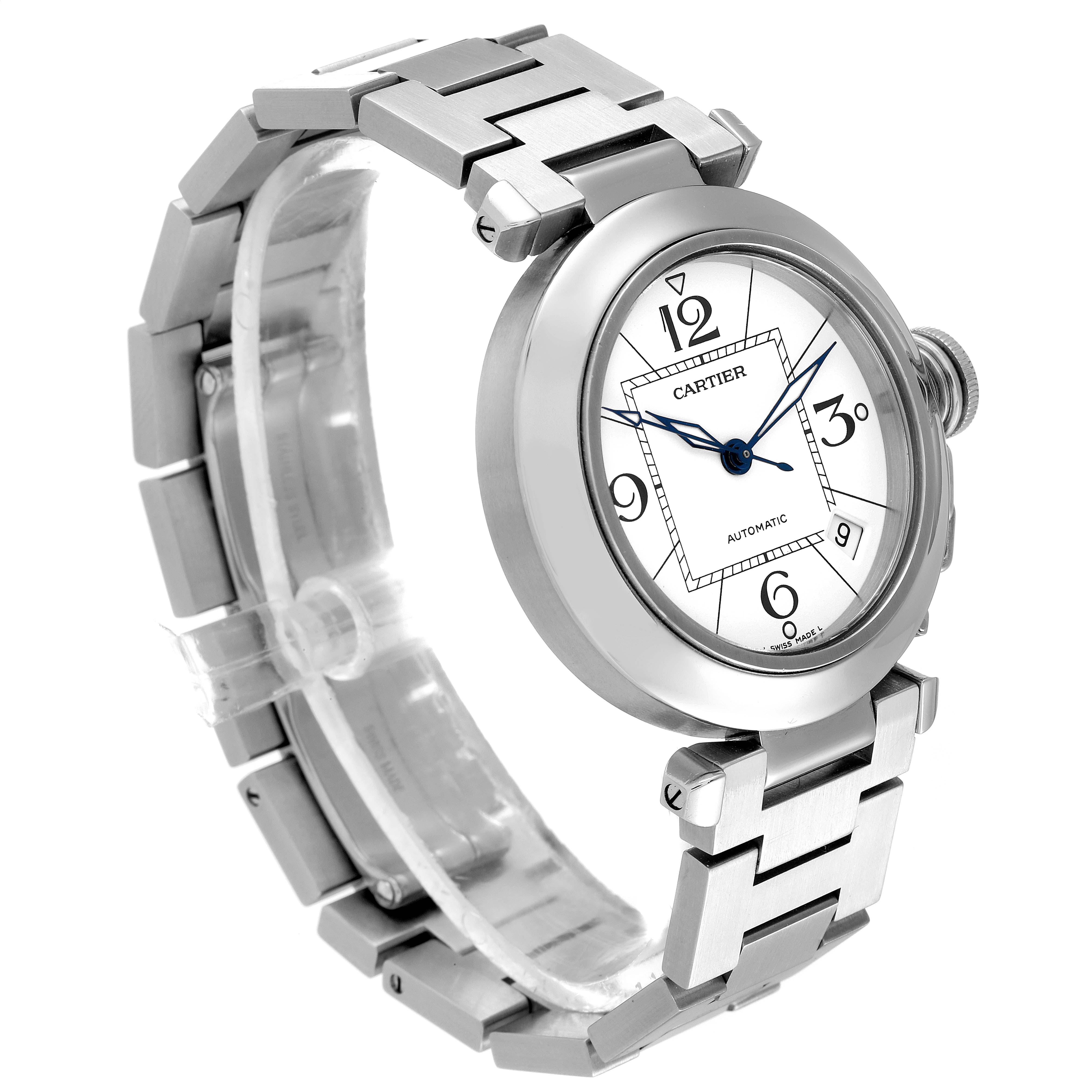 The Cartier Pasha W31074M7 Men's Stainless Steel White Dial W31074M7 Men's Stainless Steel White Dial watch is shown at an angle displaying the watch's face, bracelet, and crown.