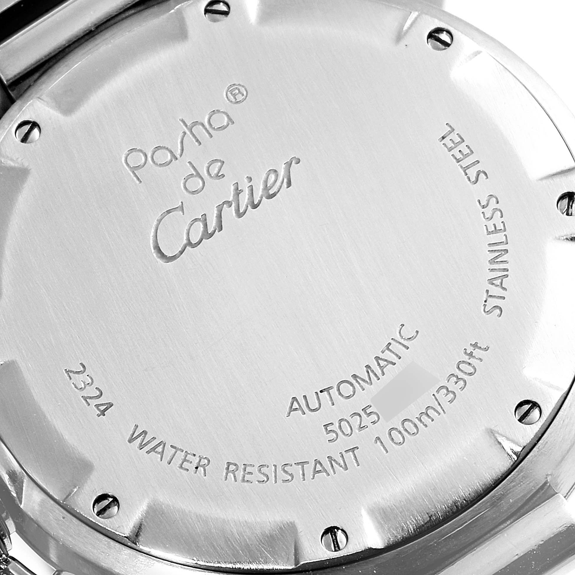 This image shows the back case of a Cartier Pasha W31074M7 Men's Stainless Steel White Dial W31074M7 Men's Stainless Steel White Dial watch, highlighting its engravings and water-resistance specifications.
