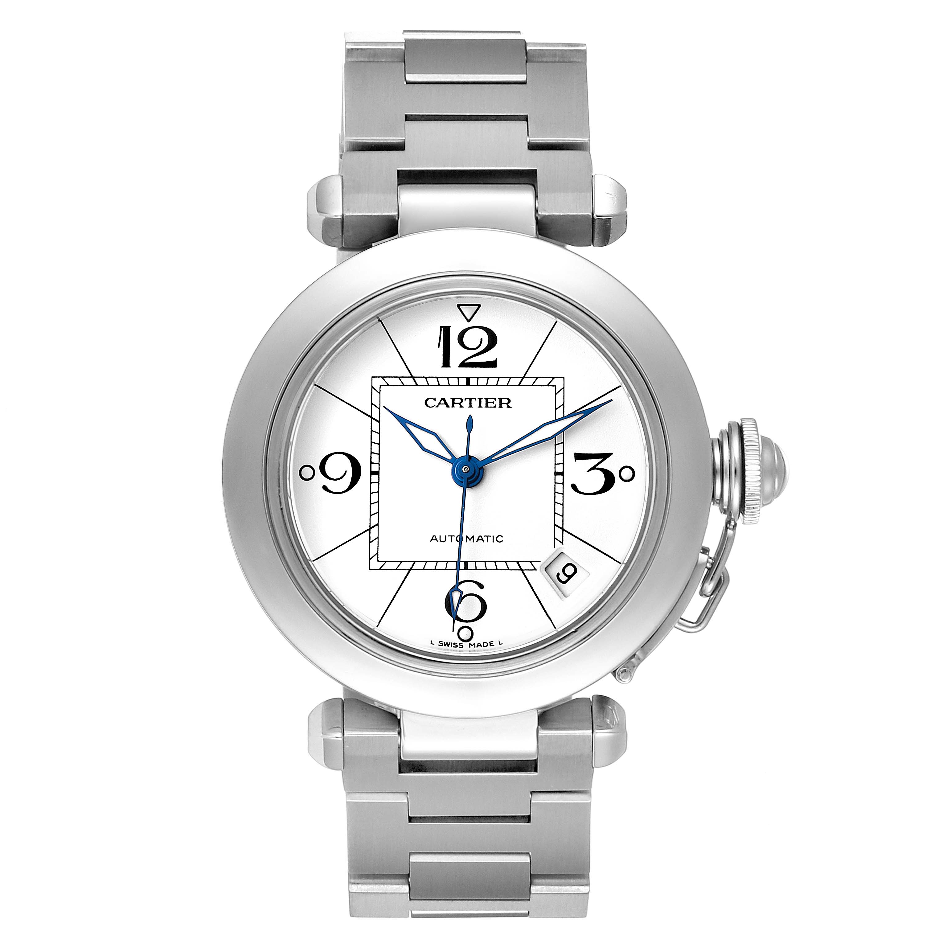 This is a front view of a Cartier Pasha W31074M7 Men's Stainless Steel White Dial W31074M7 Men's Stainless Steel White Dial watch, showcasing the face, bracelet, and signature crown protector.