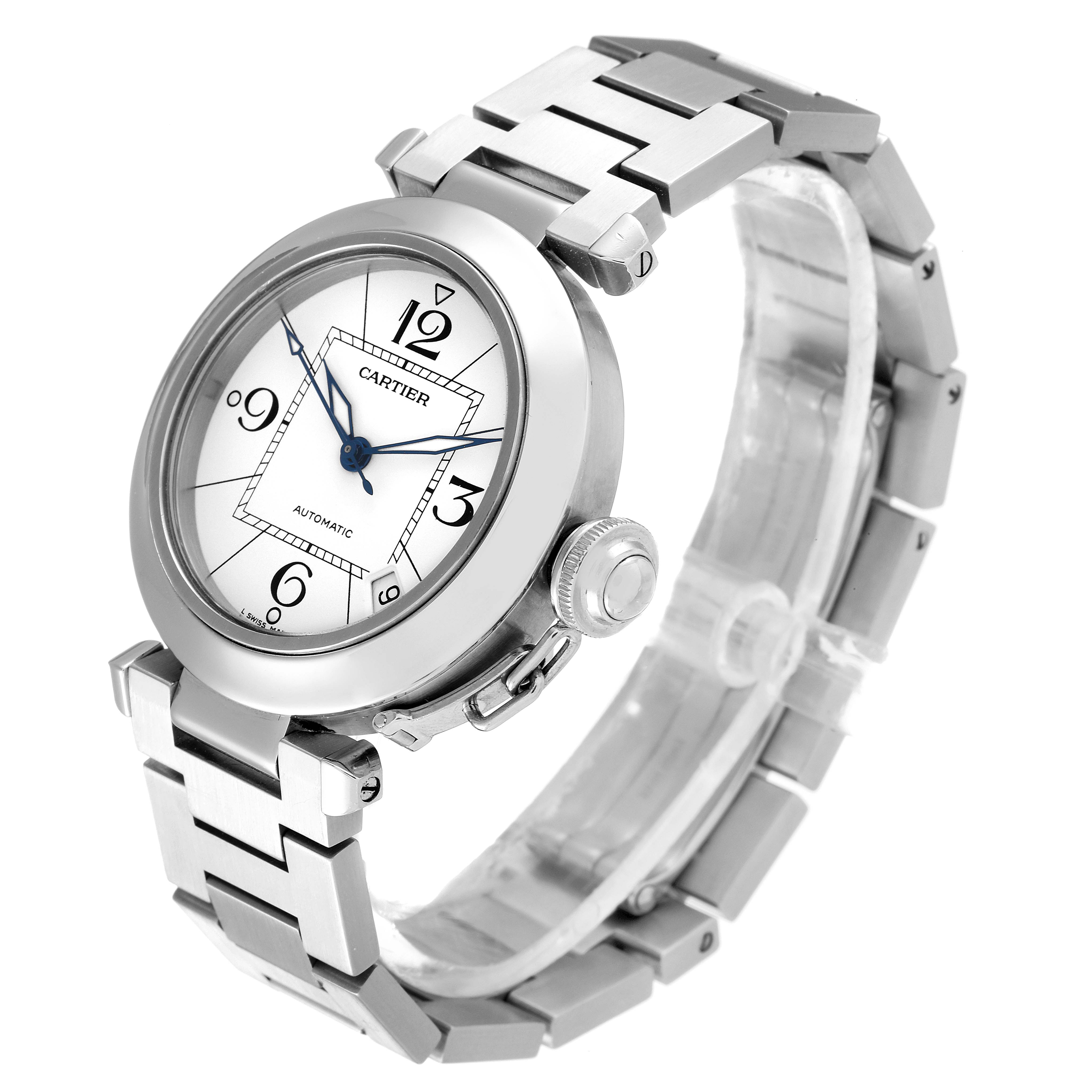 The image shows a Cartier Pasha W31074M7 Men's Stainless Steel White Dial W31074M7 Men's Stainless Steel White Dial watch angled to display the face, bezel, and metal bracelet.