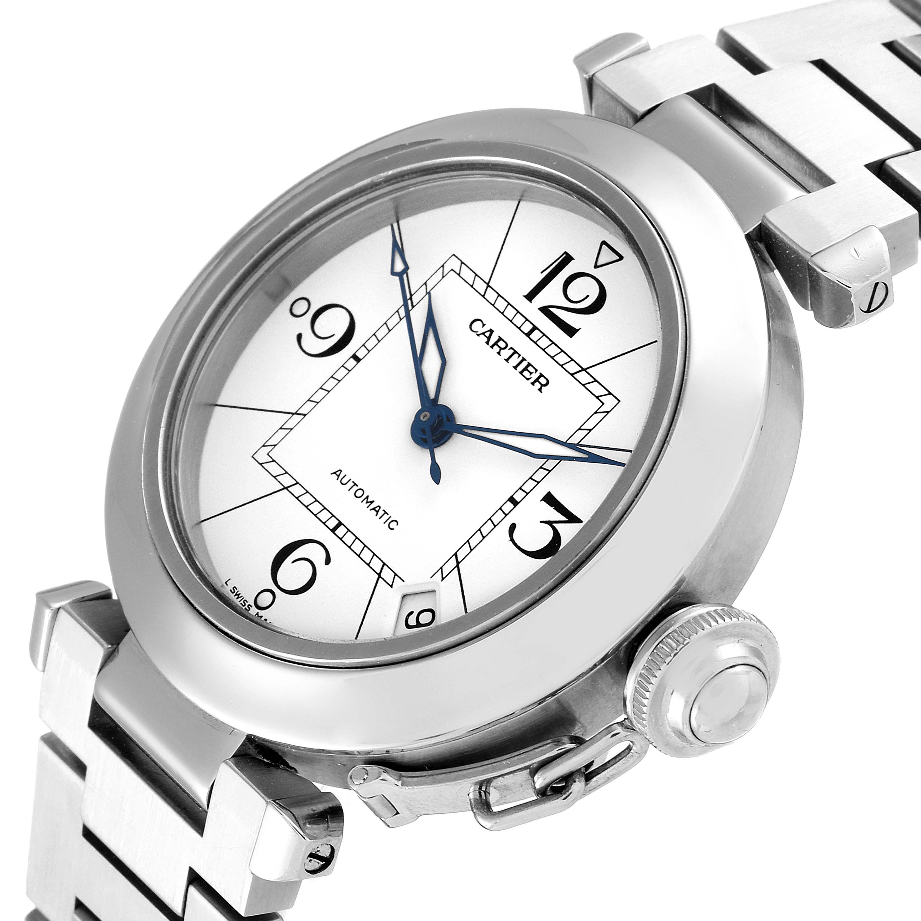 This image shows a Cartier Pasha W31074M7 Men's Stainless Steel White Dial W31074M7 Men's Stainless Steel White Dial watch at an angle highlighting its face, bracelet, and crown.