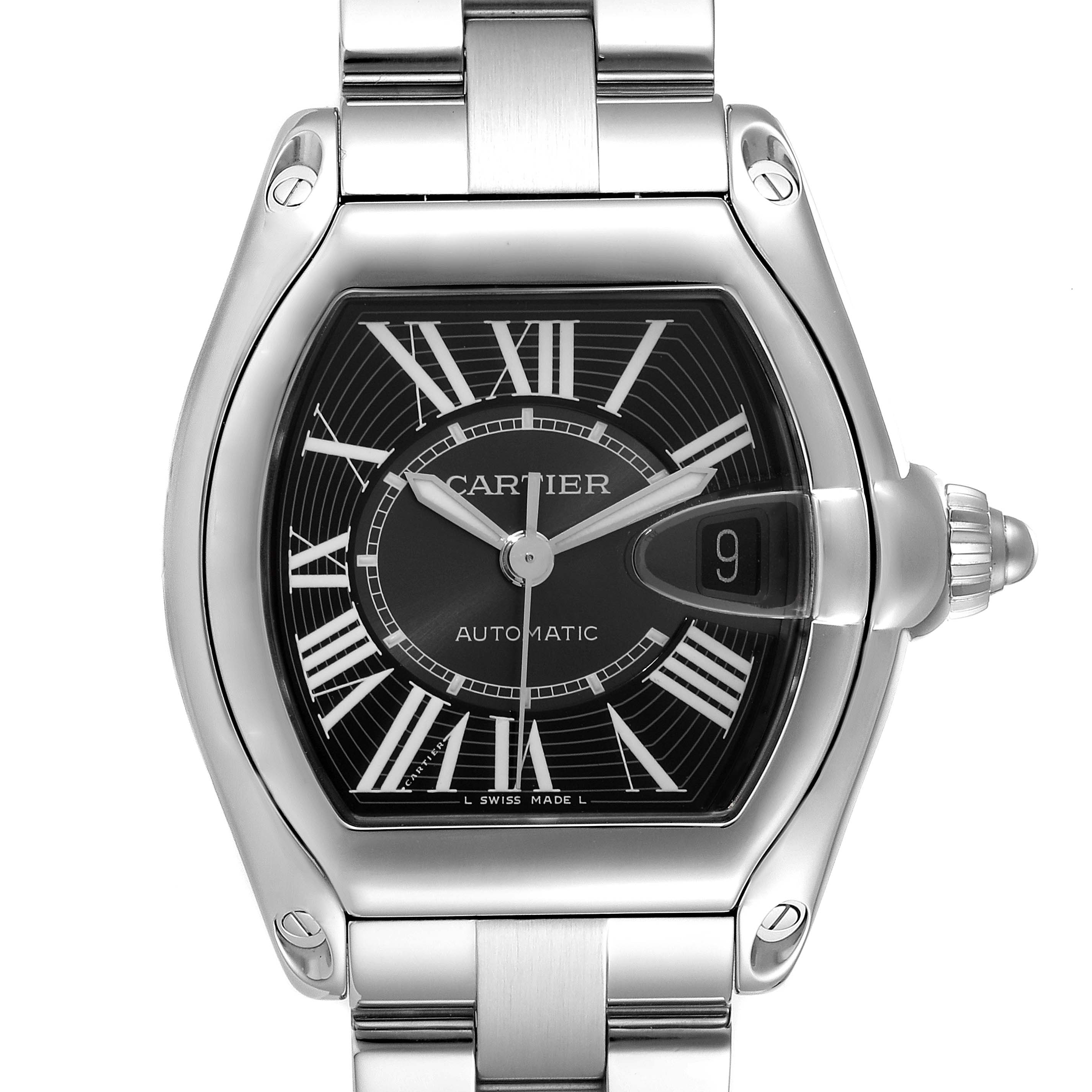 The image shows a front view of the Cartier Roadster W62041V3 Men
s Stainless Steel Black Dial W62041V3 Men
s Stainless Steel Black Dial watch, highlighting its dial, date window, and part of the stainless steel bracelet.
