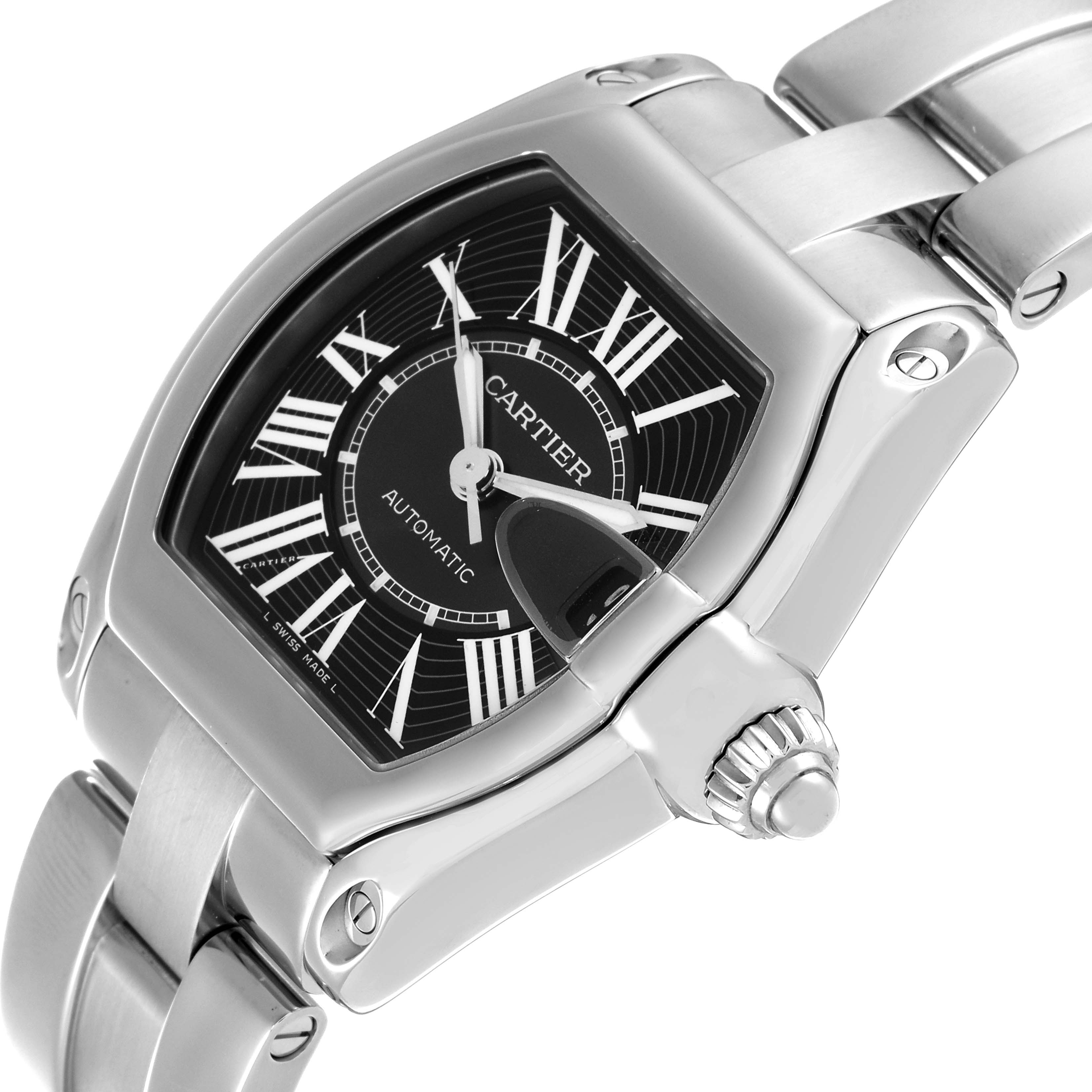 This image shows a close-up of the Cartier Roadster W62041V3 Men
s Stainless Steel Black Dial W62041V3 Men
s Stainless Steel Black Dial watch, highlighting its dial, case, and part of the bracelet from an angled perspective.