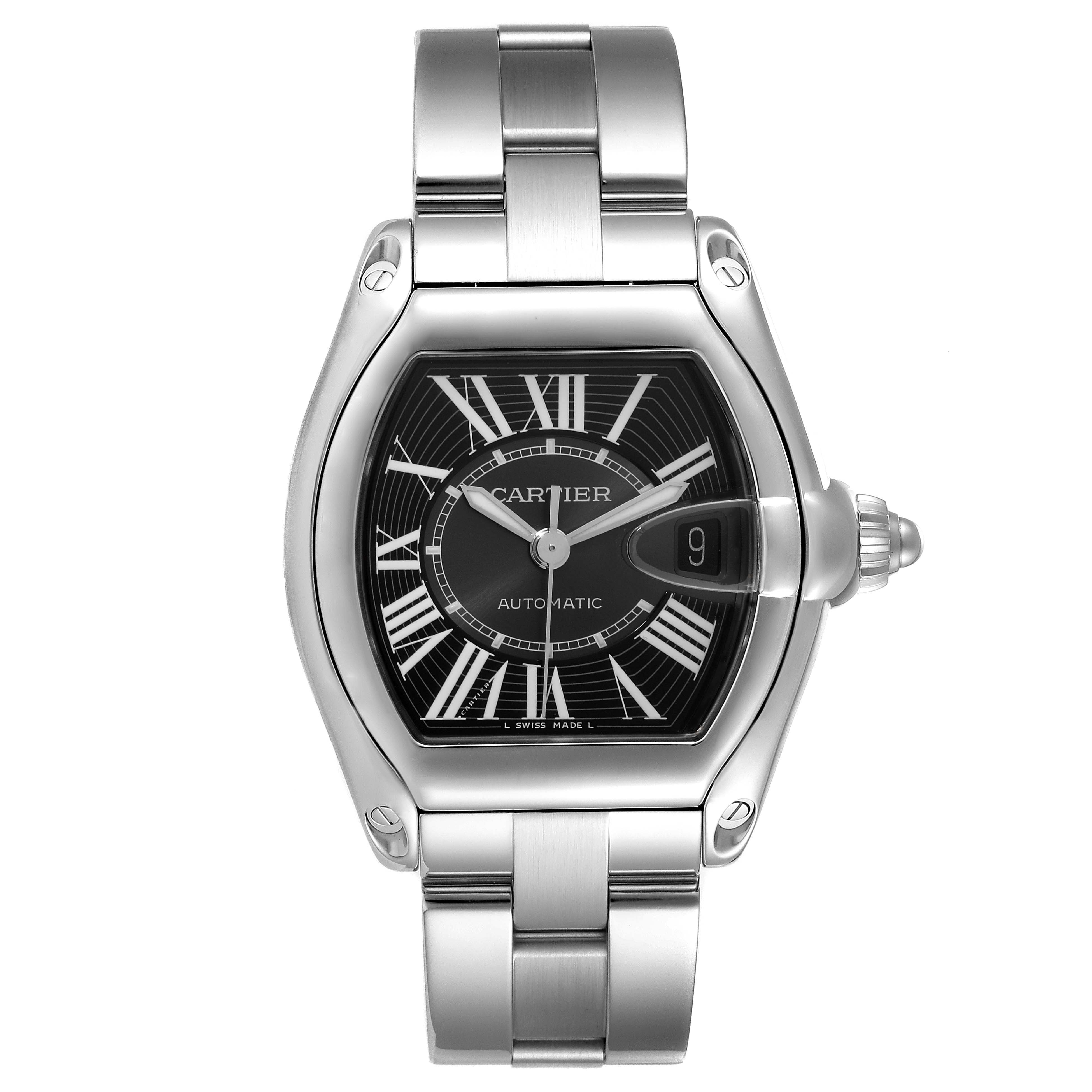 The image shows a Cartier Roadster W62041V3 Men
s Stainless Steel Black Dial W62041V3 Men
s Stainless Steel Black Dial watch from a front angle, highlighting the face, bezel, and metal bracelet.
