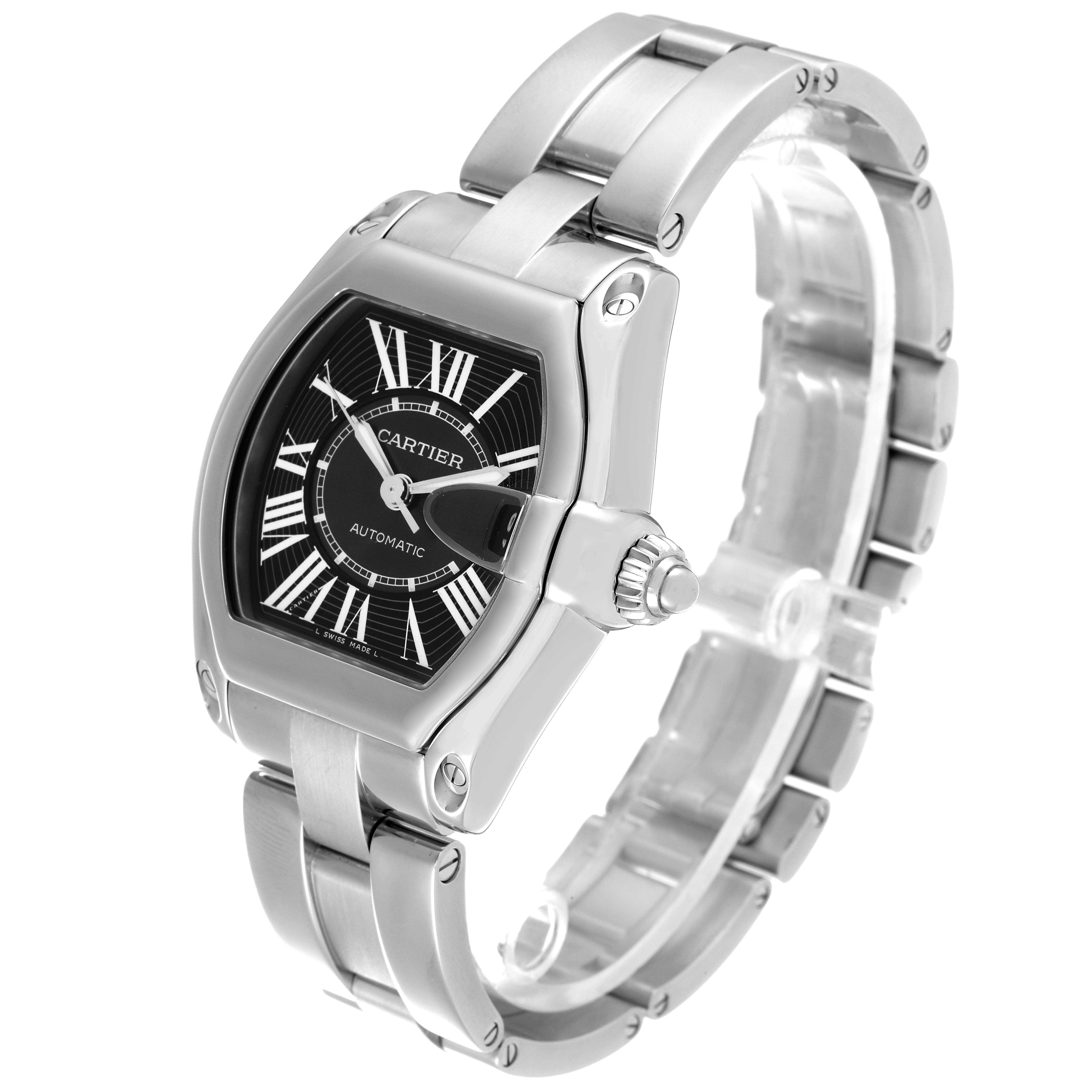 The Cartier Roadster W62041V3 Men
s Stainless Steel Black Dial W62041V3 Men
s Stainless Steel Black Dial watch is shown at an angle, displaying the face, bezel, bracelet, and crown.