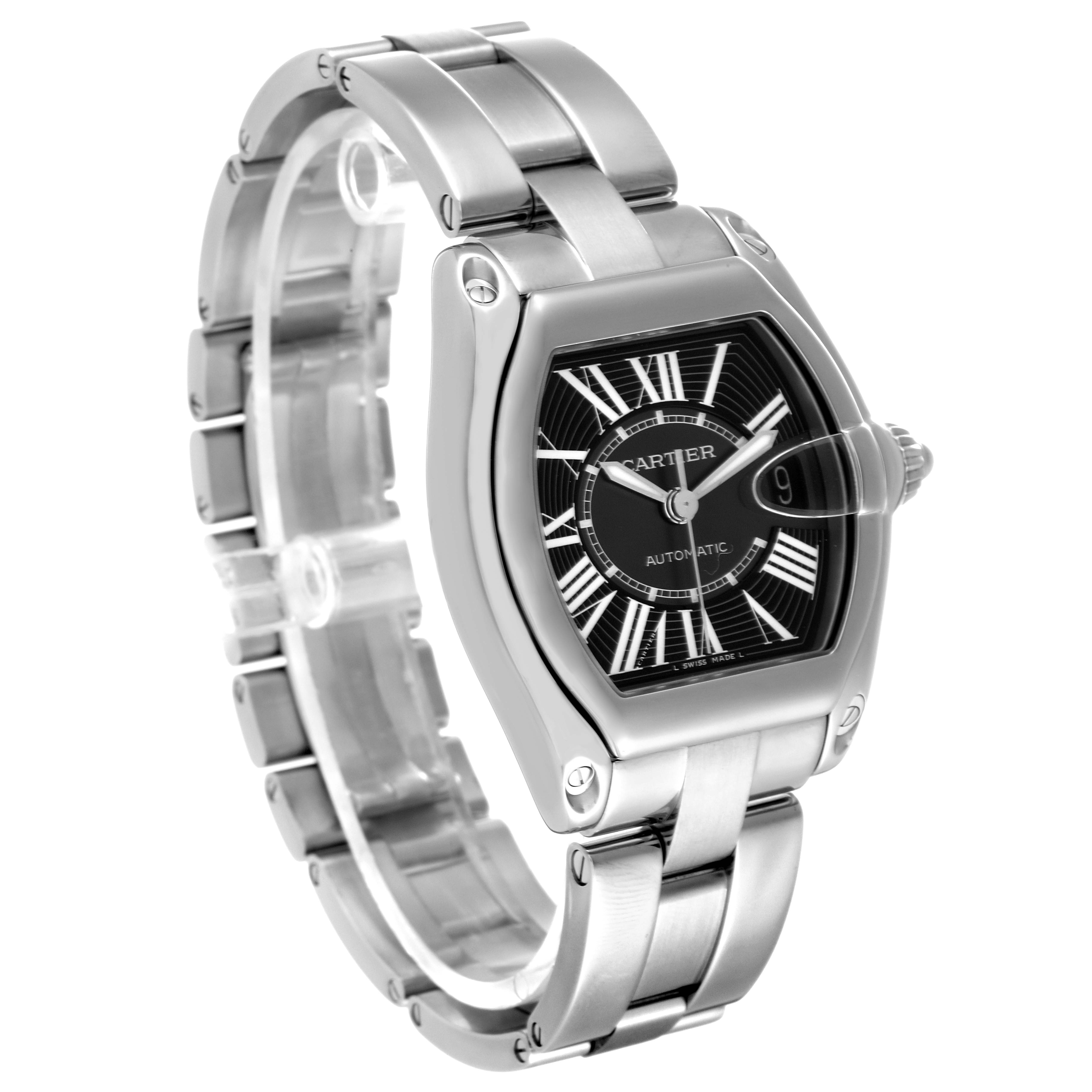 This image shows a Cartier Roadster W62041V3 Men
s Stainless Steel Black Dial W62041V3 Men
s Stainless Steel Black Dial watch at a three-quarter angle, highlighting the face, bezel, and part of the bracelet.