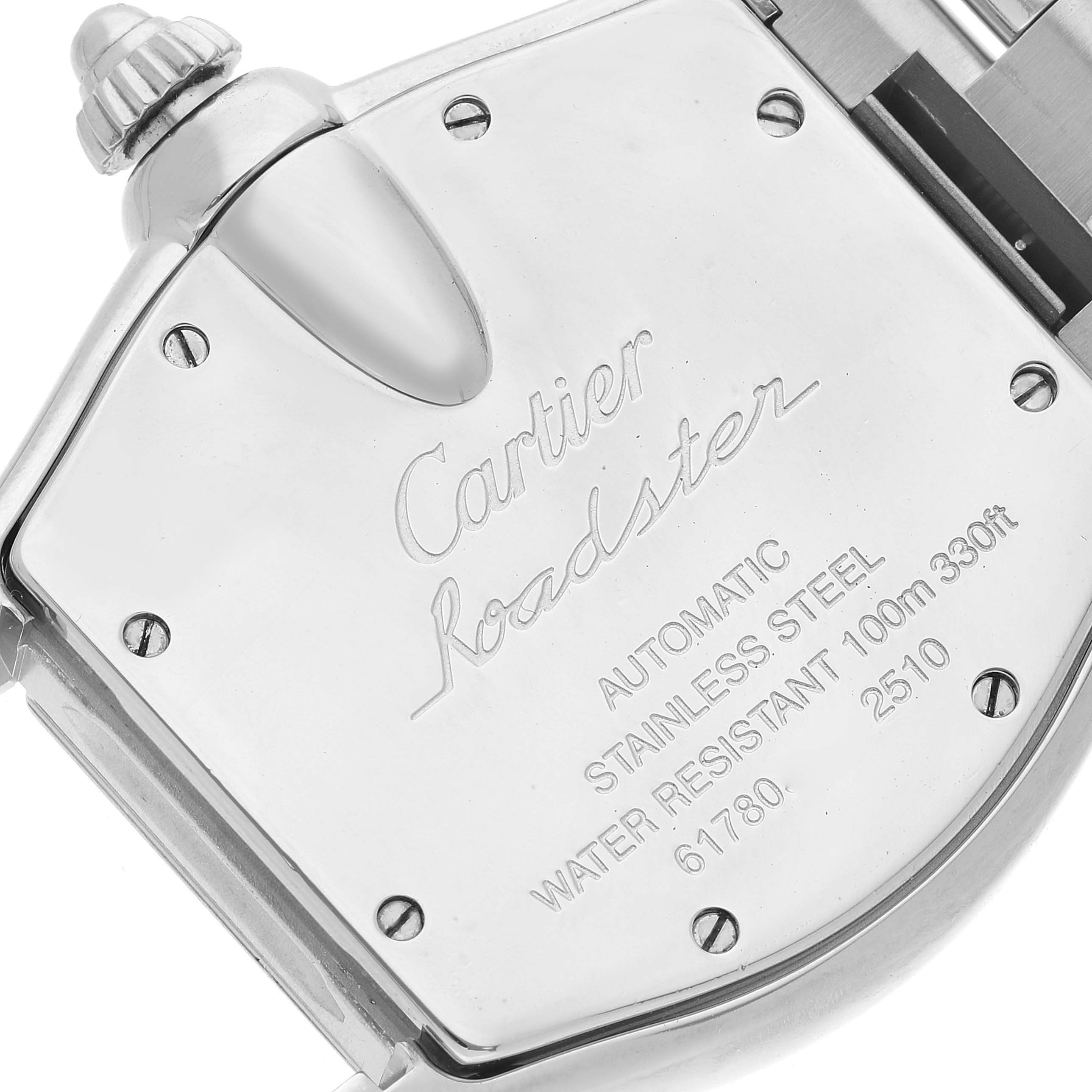 The image shows the back casing of a Cartier Roadster W62041V3 Men
s Stainless Steel Black Dial W62041V3 Men
s Stainless Steel Black Dial watch, highlighting its stainless steel construction and water resistance details.