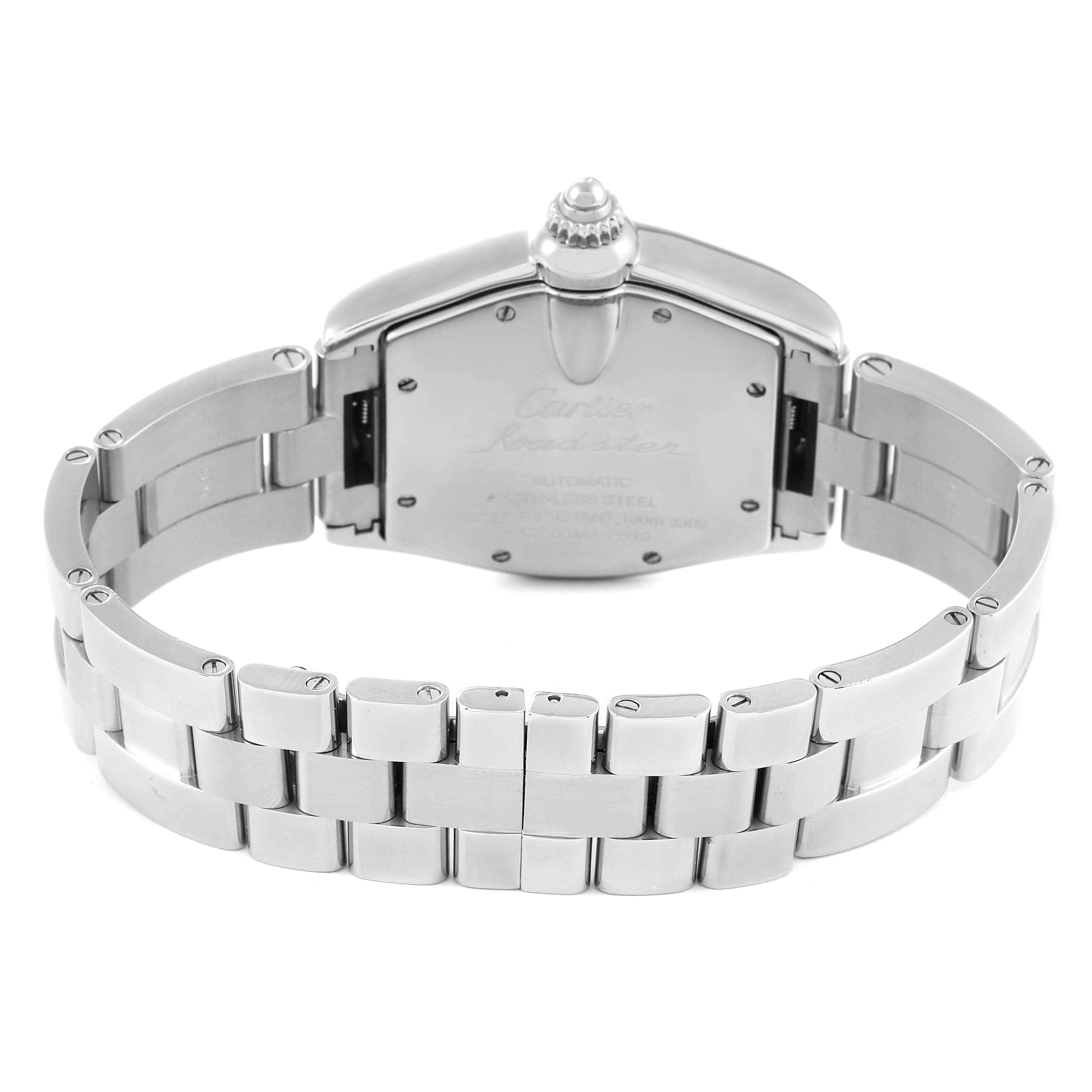 This image shows the back and bracelet of the Cartier Roadster W62041V3 Men
s Stainless Steel Black Dial W62041V3 Men
s Stainless Steel Black Dial watch at a straight-on angle.