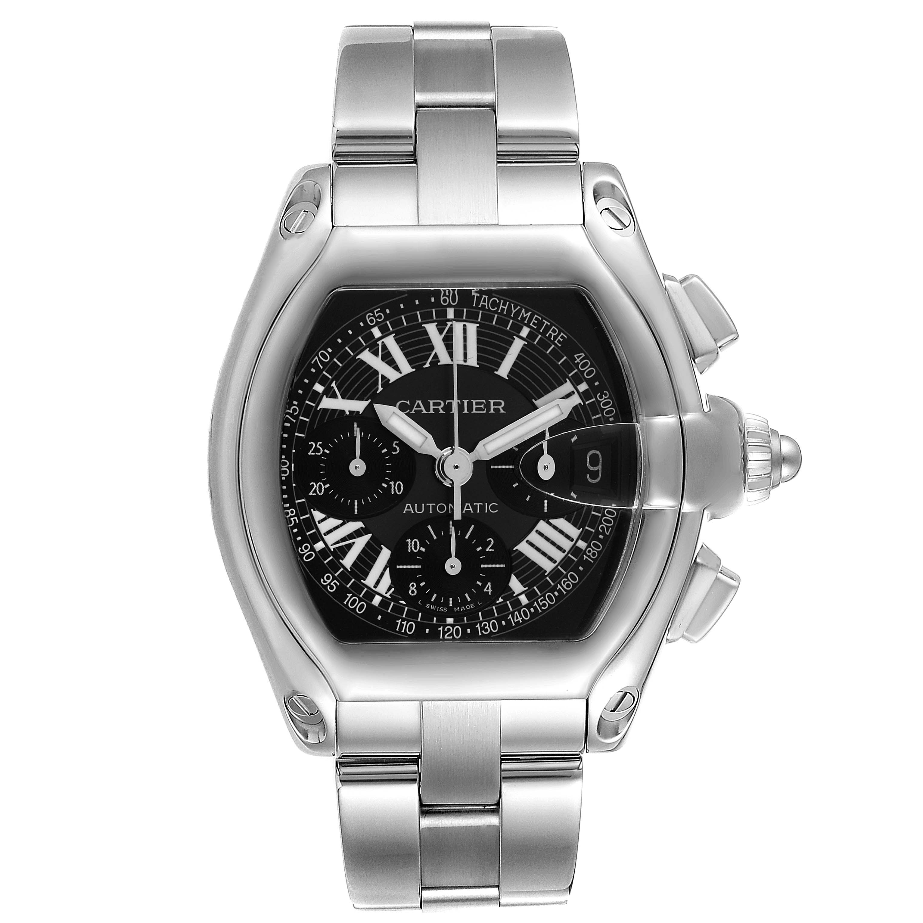 The image shows a front view of a Cartier Roadster W62007X6 Men's Stainless Steel Black Dial W62007X6 Men's Stainless Steel Black Dial watch, highlighting its dial, hands, date window, and metal bracelet.