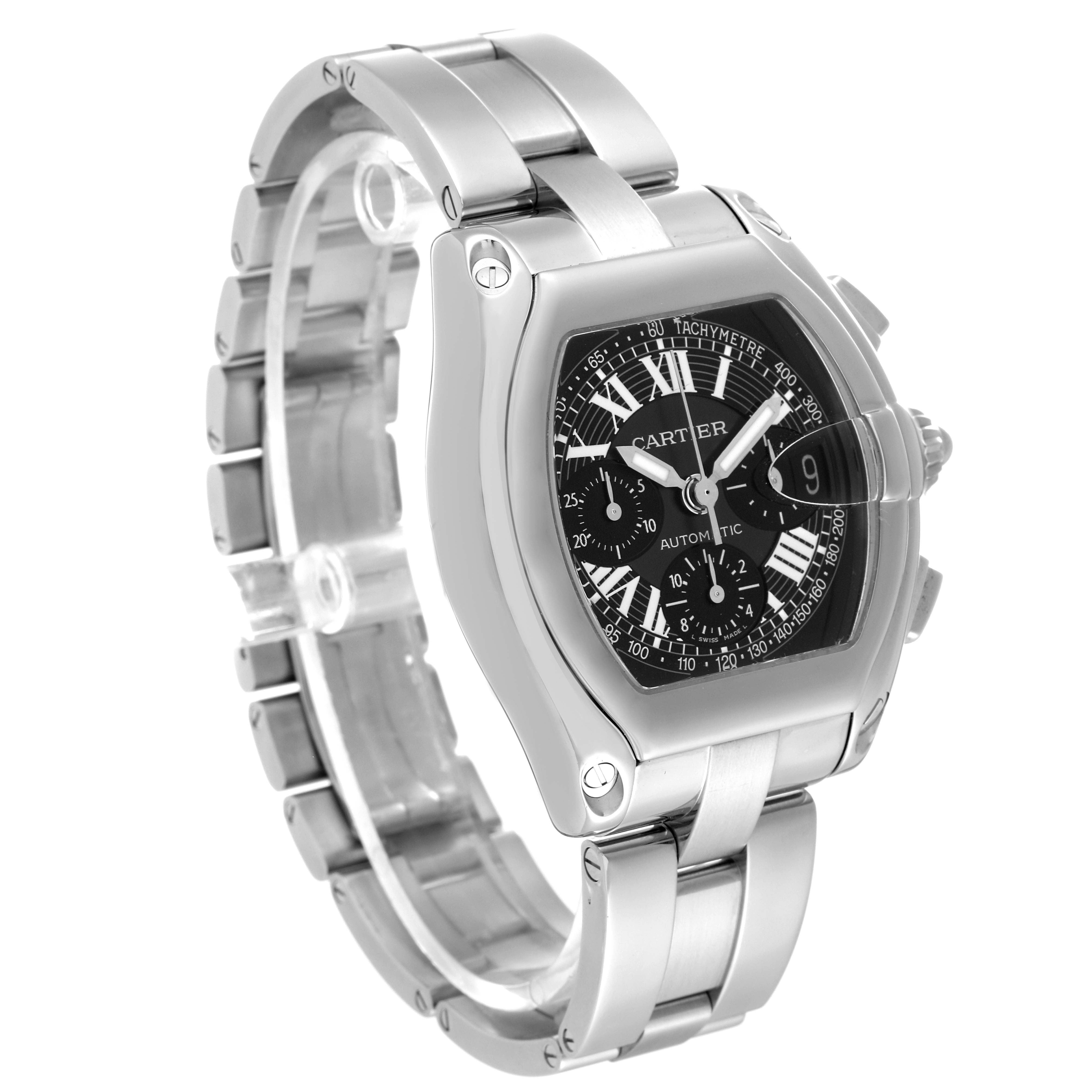 This image shows a side angle of the Cartier Roadster W62007X6 Men's Stainless Steel Black Dial W62007X6 Men's Stainless Steel Black Dial watch, highlighting its bracelet, case, and dial.