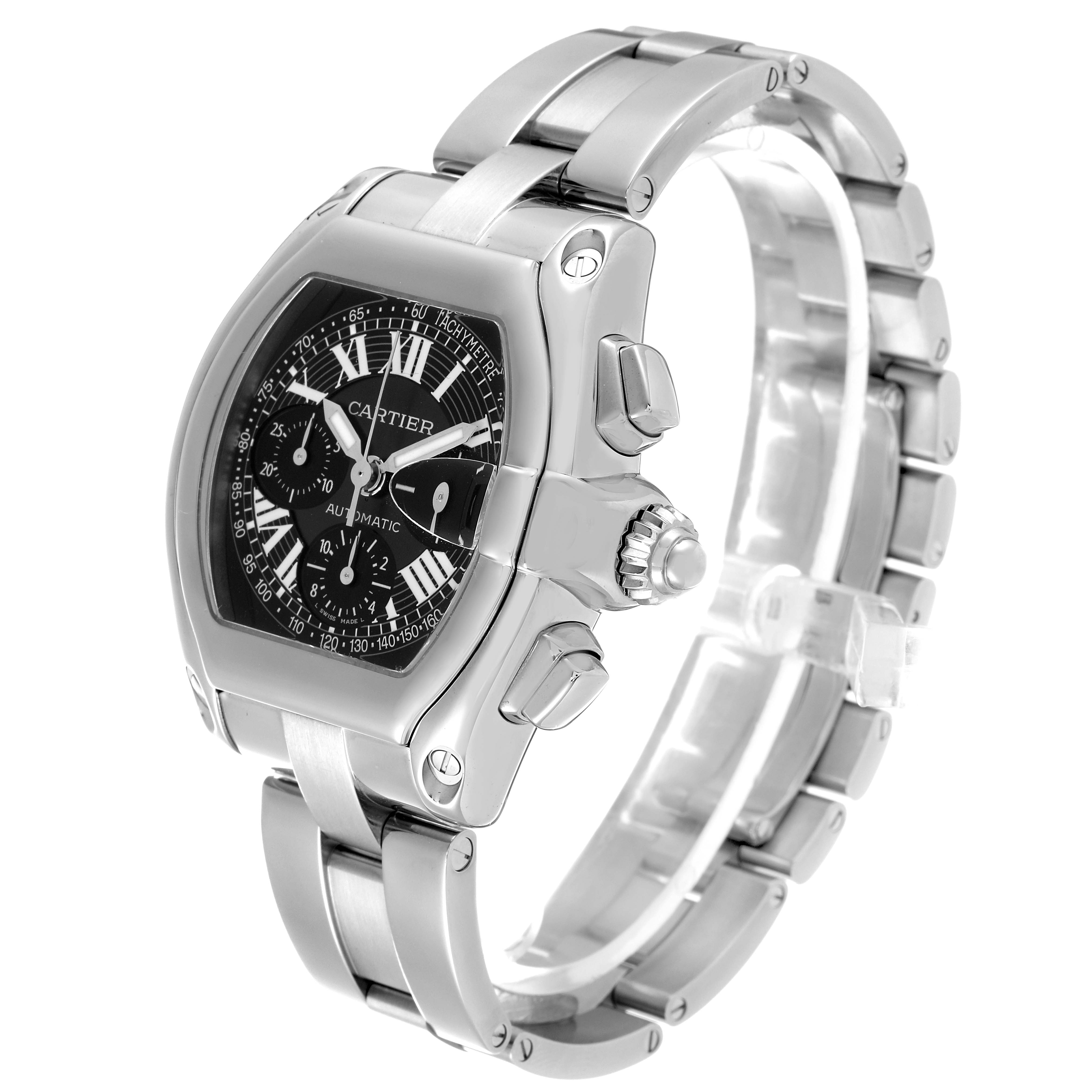 The Cartier Roadster W62007X6 Men's Stainless Steel Black Dial W62007X6 Men's Stainless Steel Black Dial watch is shown at a three-quarter angle, highlighting its face, crown, and stainless steel bracelet.
