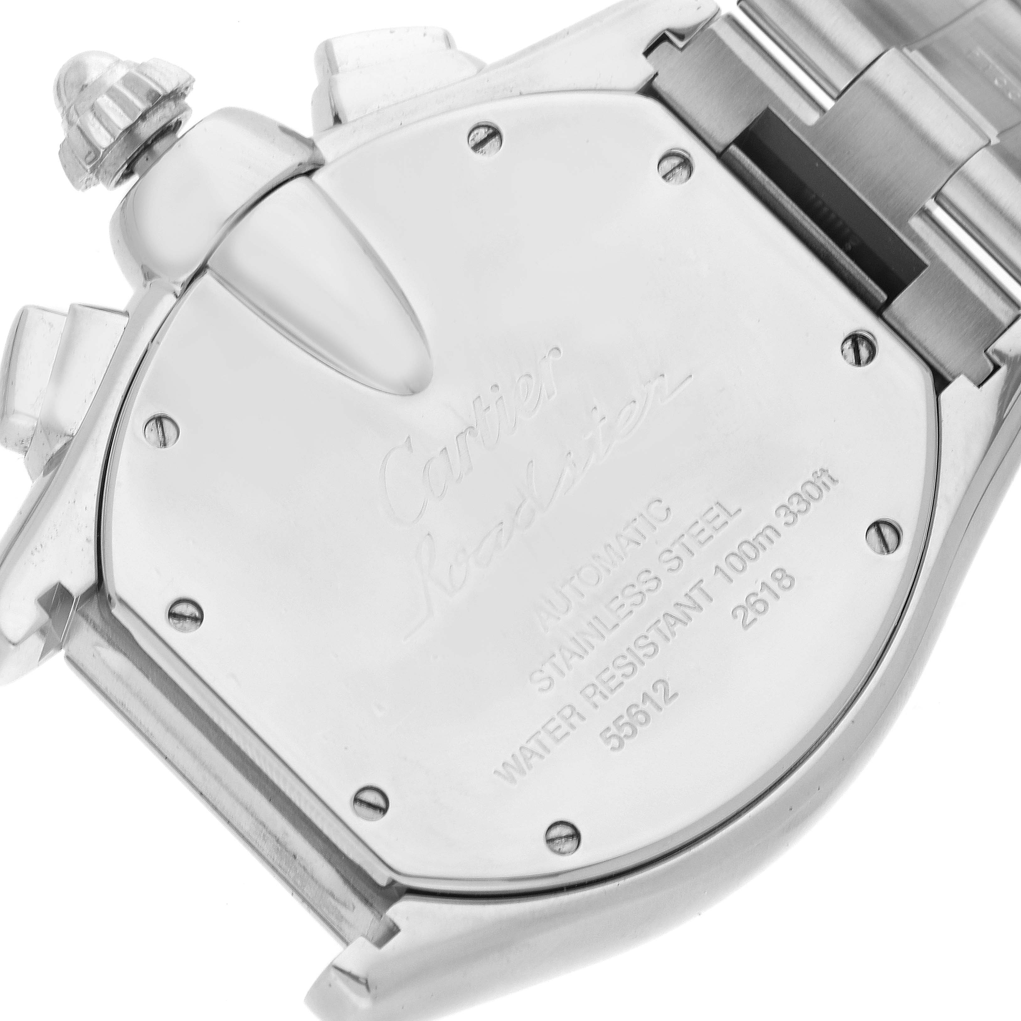 This image shows the back view of a Cartier Roadster W62007X6 Men's Stainless Steel Black Dial W62007X6 Men's Stainless Steel Black Dial watch, highlighting the stainless steel case and engraved details.