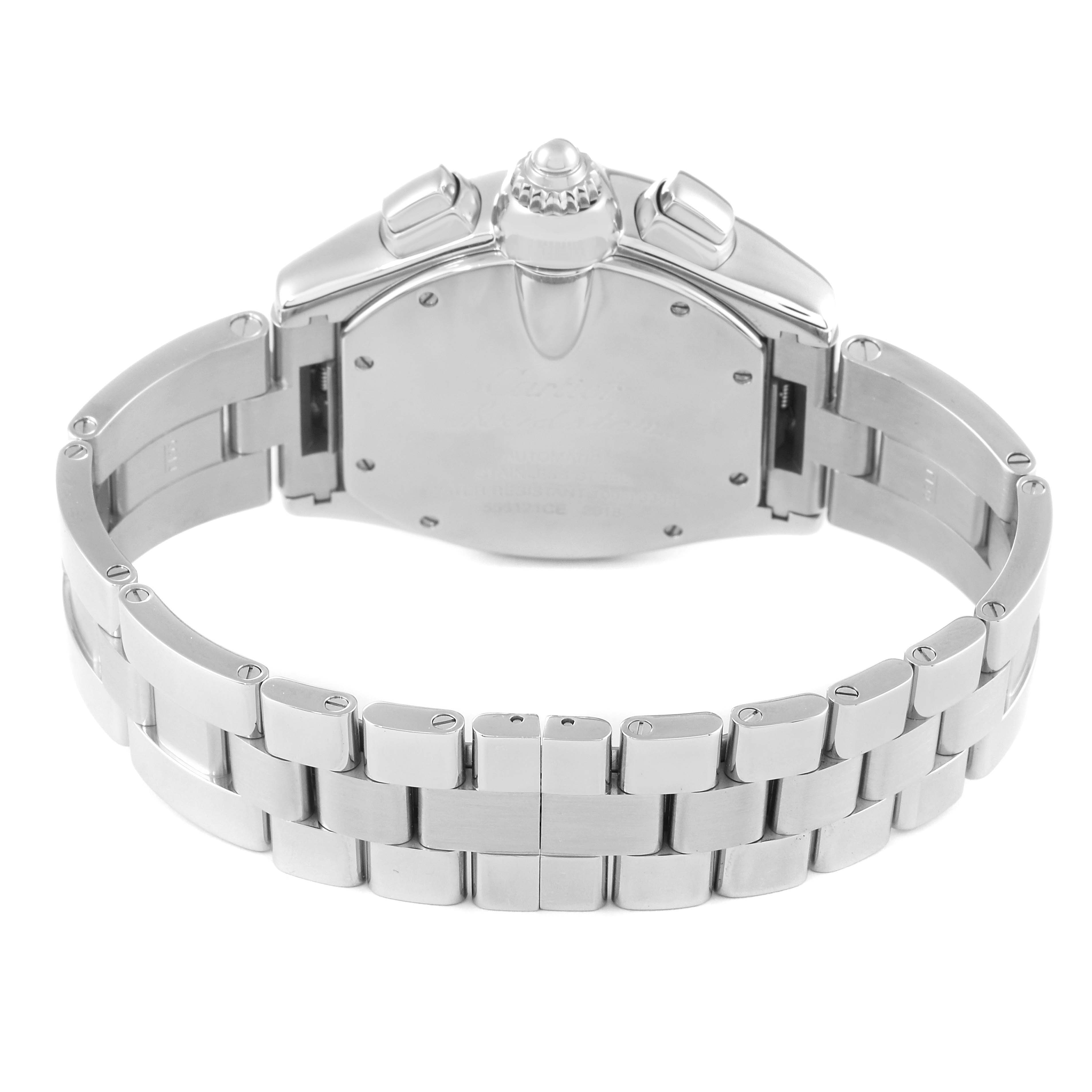 The image shows the back and bracelet of a Cartier Roadster W62007X6 Men's Stainless Steel Black Dial W62007X6 Men's Stainless Steel Black Dial watch, showcasing the caseback and the metal links of the bracelet.