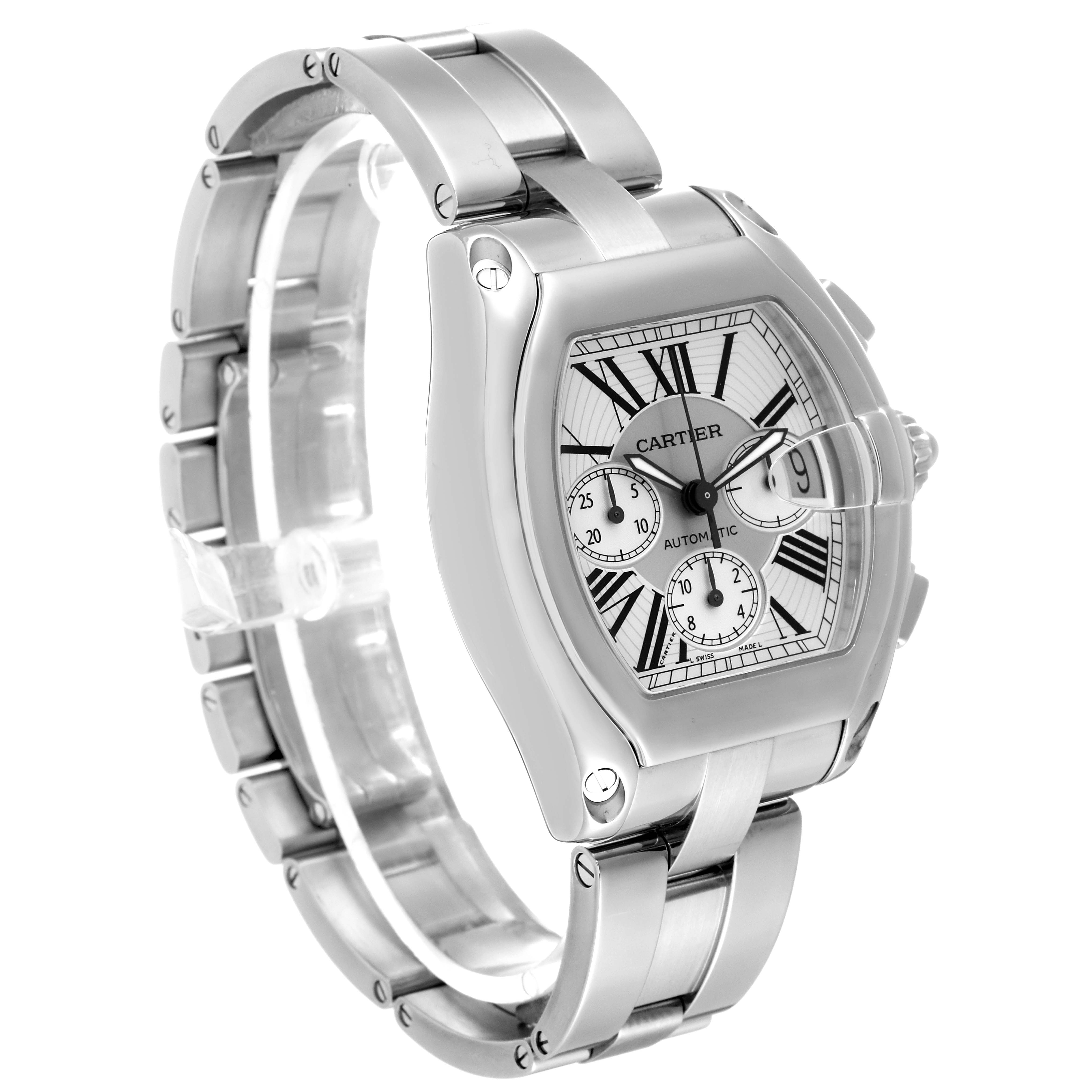 The image shows a side angle of the Cartier Roadster W62019X6 Men's Stainless Steel Silver Dial W62019X6 Men's Stainless Steel Silver Dial watch, highlighting its face, bracelet, and crown.