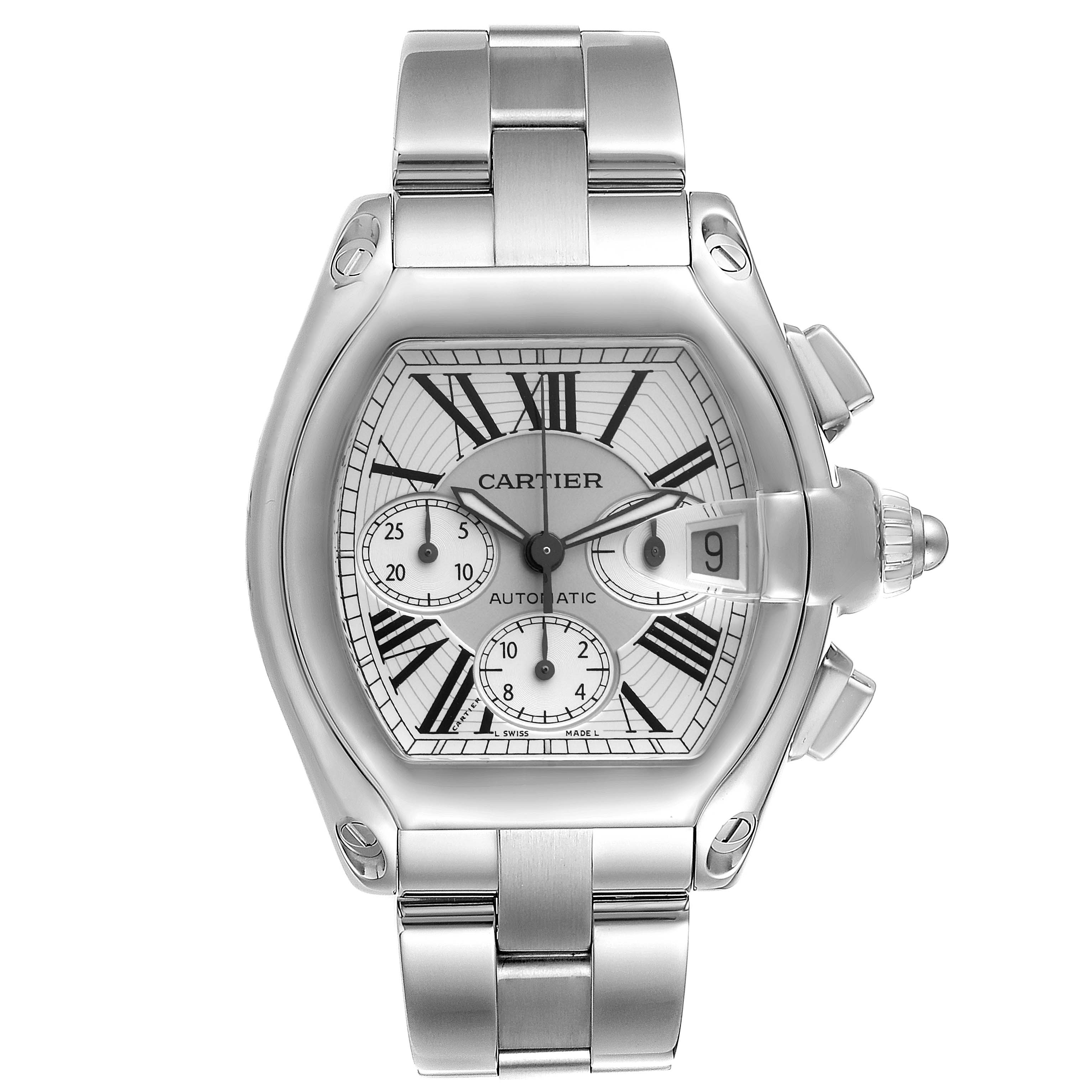 This image shows a front view of the Cartier Roadster W62019X6 Men's Stainless Steel Silver Dial W62019X6 Men's Stainless Steel Silver Dial watch, including its dial, hands, date window, and bracelet.