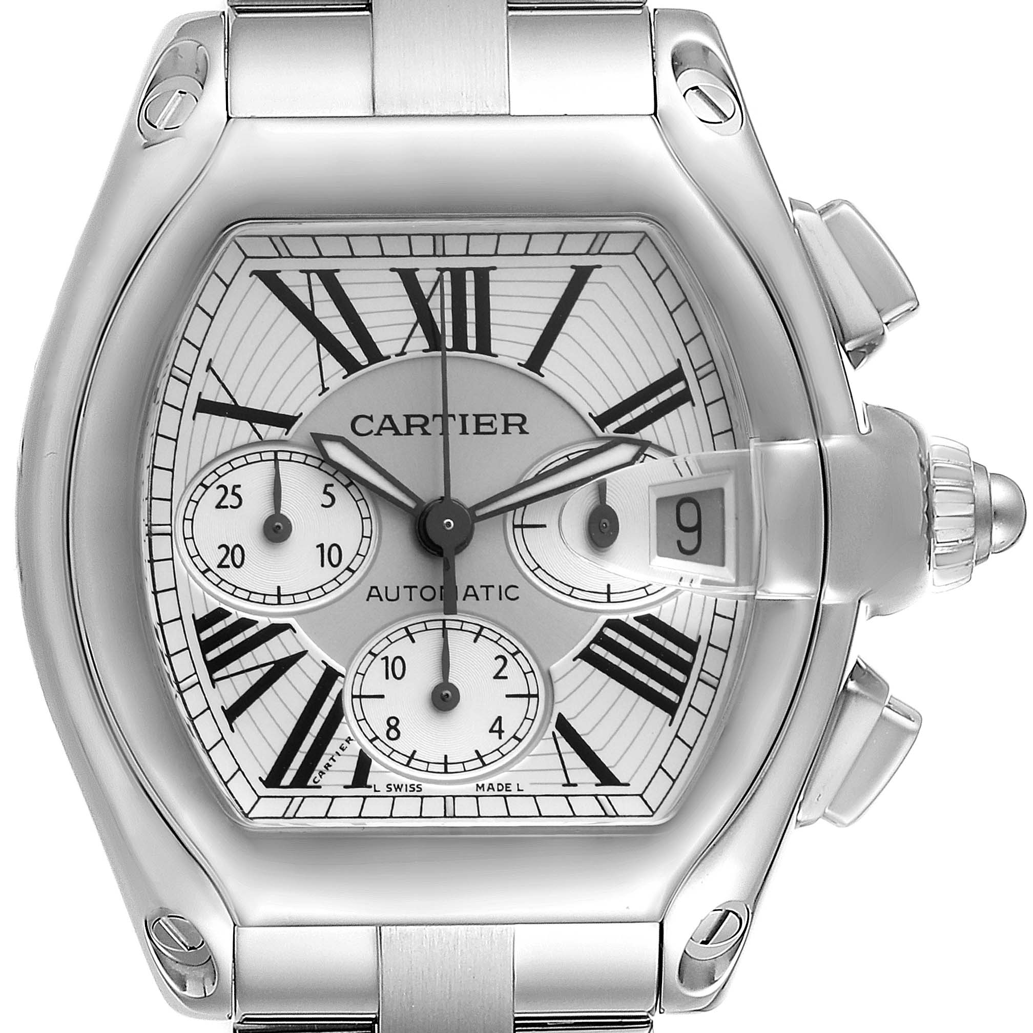 The image shows a front view of the Cartier Roadster W62019X6 Men's Stainless Steel Silver Dial W62019X6 Men's Stainless Steel Silver Dial model watch, highlighting its dial, hands, date window, and chronograph subdials.
