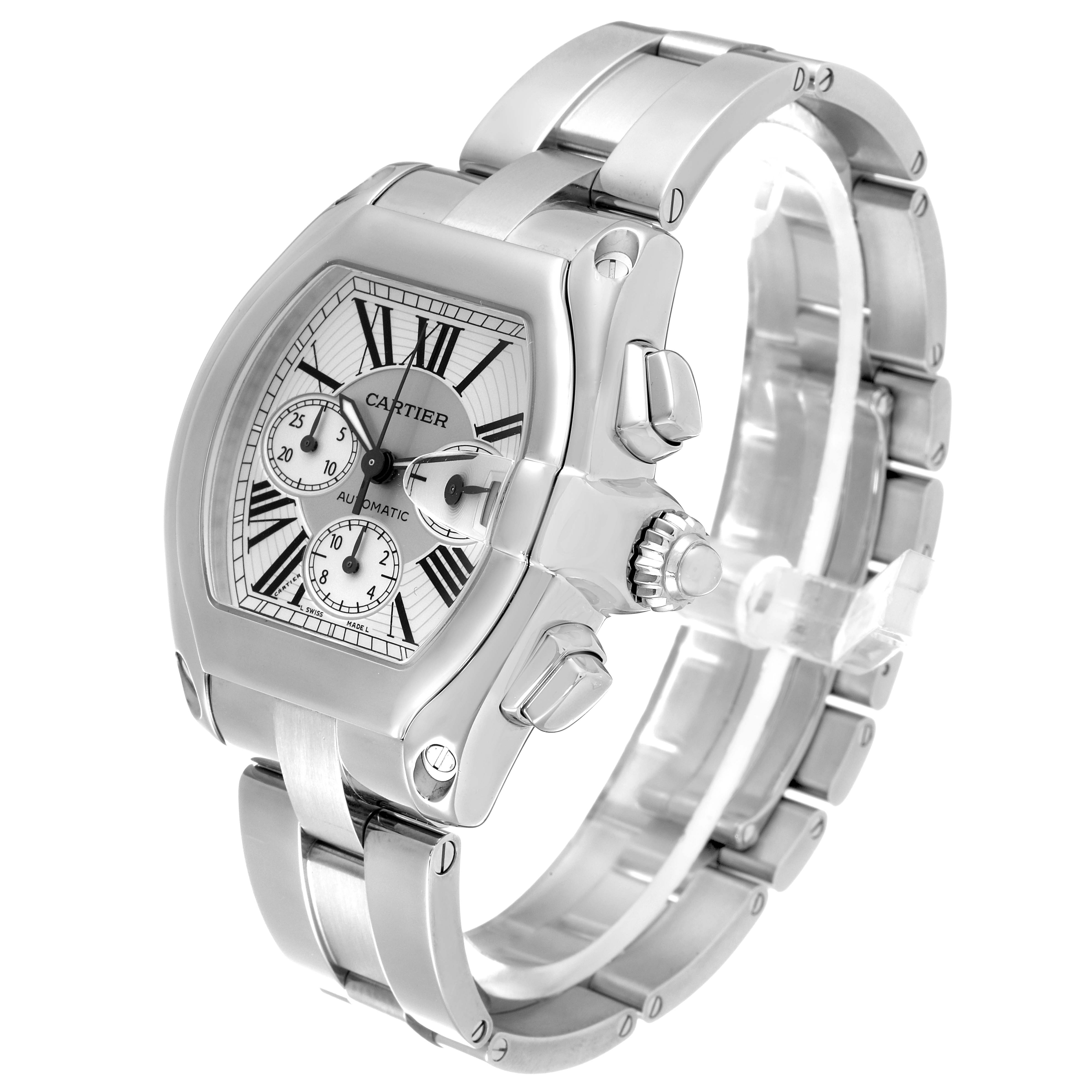 The image shows a Cartier Roadster W62019X6 Men's Stainless Steel Silver Dial W62019X6 Men's Stainless Steel Silver Dial watch at a three-quarter angle revealing the dial, crown, and bracelet.