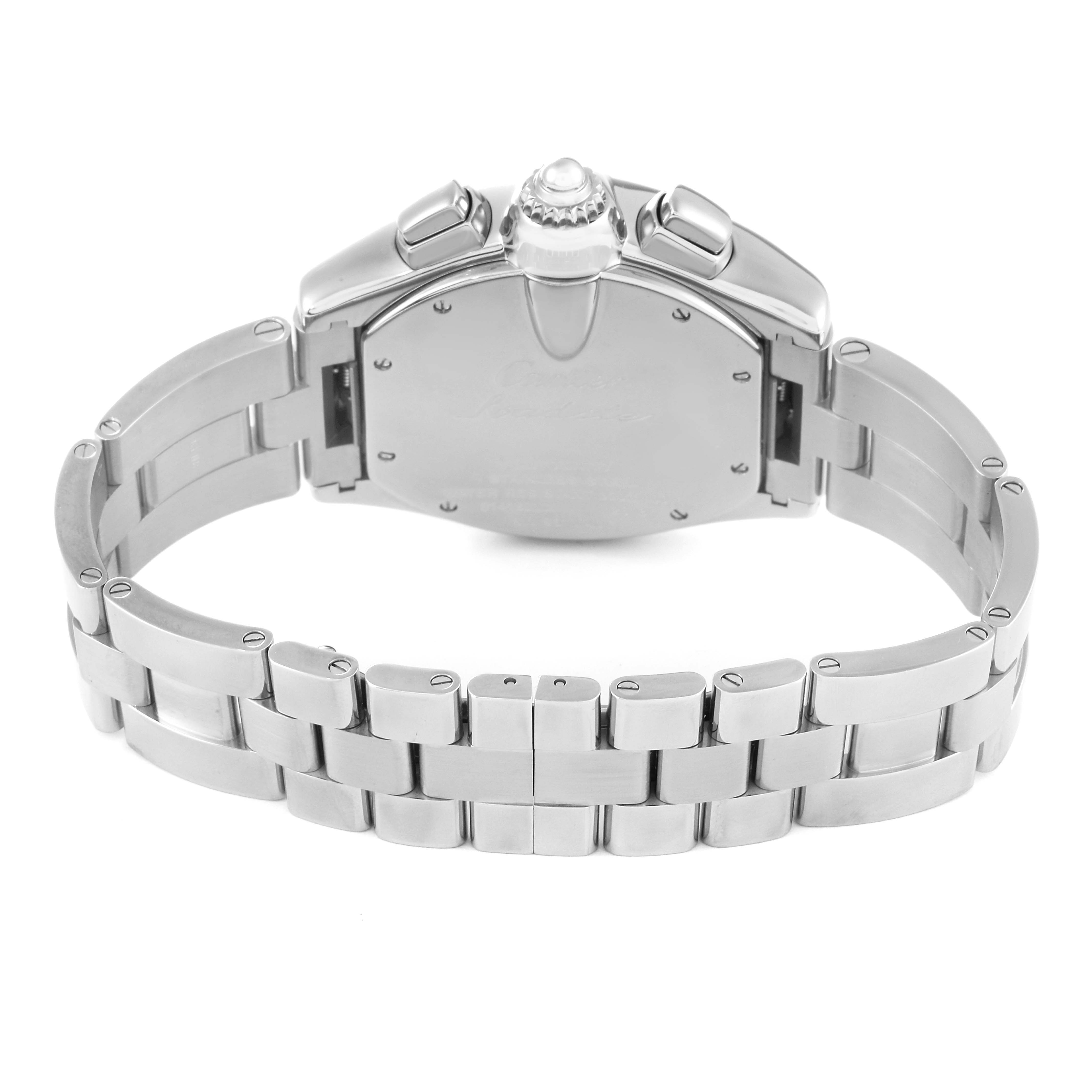 The image shows the back view of the Cartier Roadster W62019X6 Men's Stainless Steel Silver Dial W62019X6 Men's Stainless Steel Silver Dial model watch, highlighting its bracelet and case back.