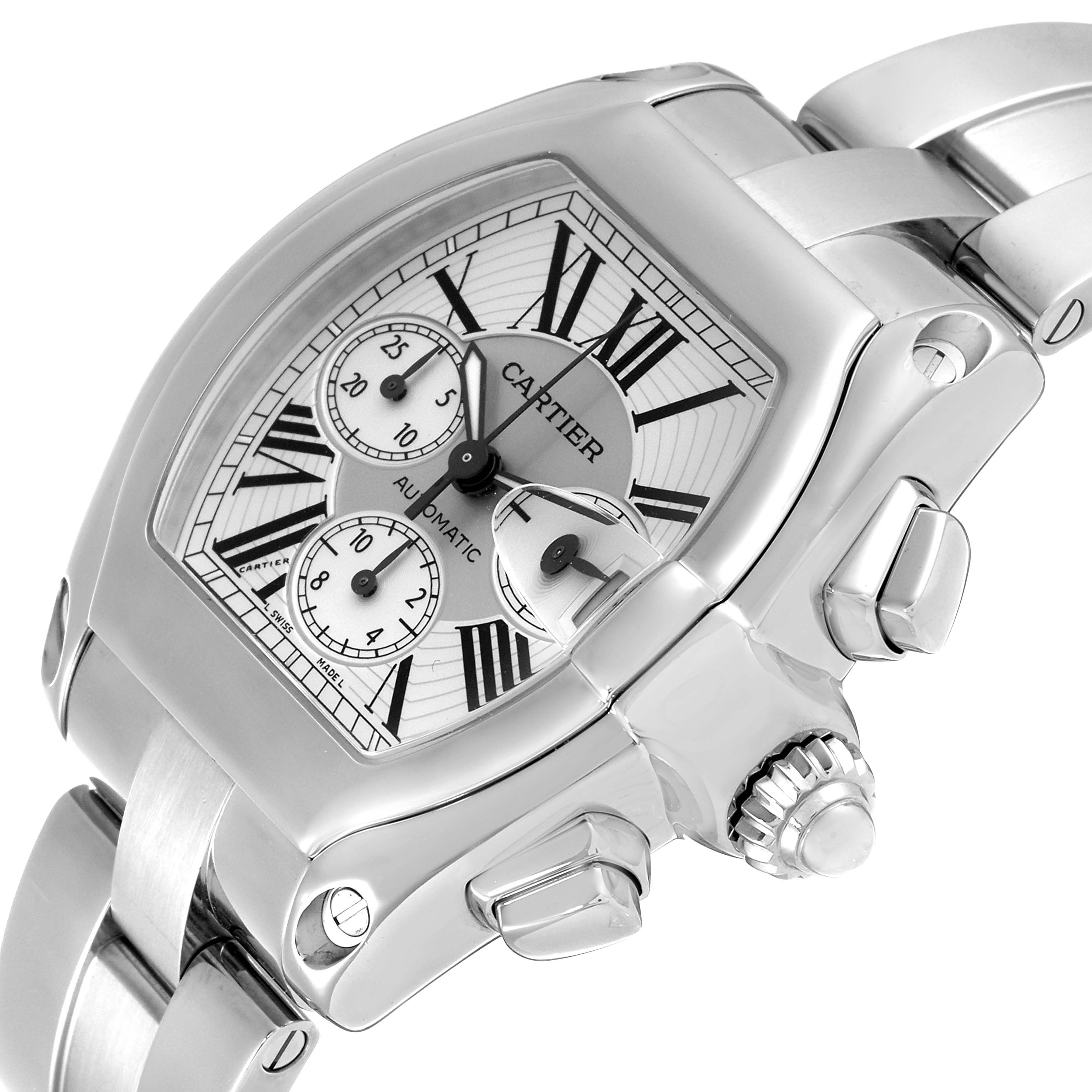 The image shows a close-up, angled view of a Cartier Roadster W62019X6 Men's Stainless Steel Silver Dial W62019X6 Men's Stainless Steel Silver Dial watch, highlighting its face, crown, and stainless steel bracelet.