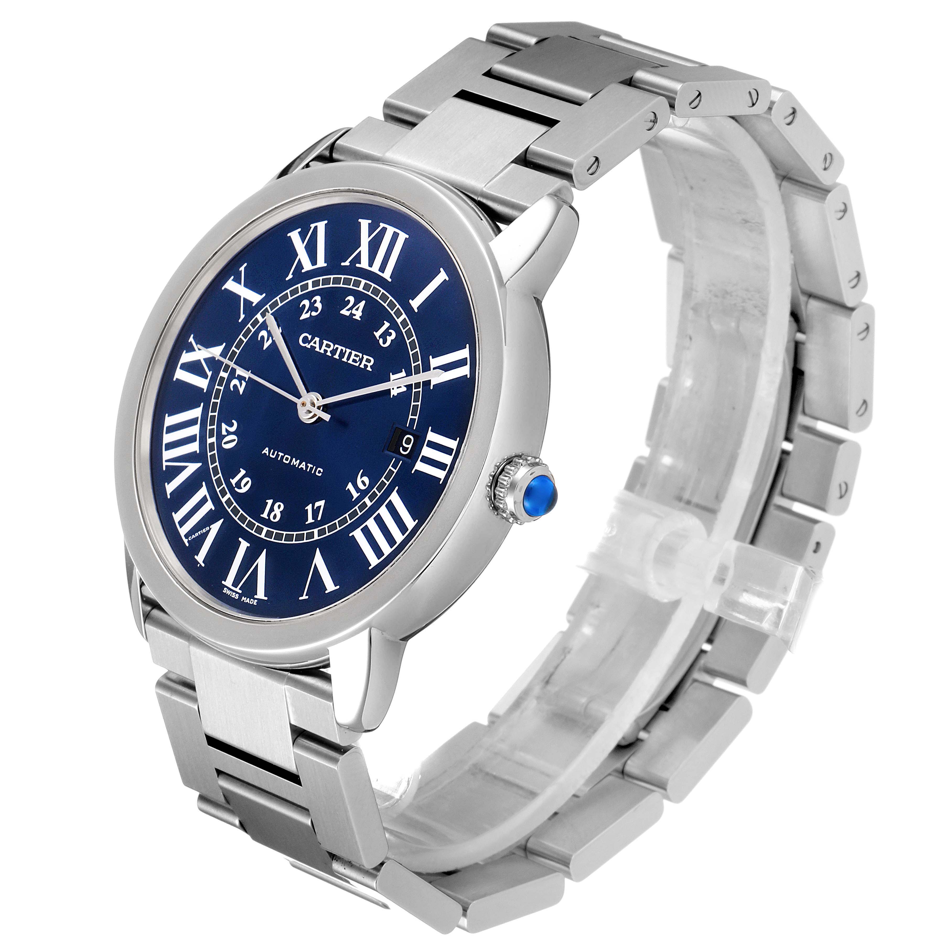 The image shows a Ronde model by Cartier at an angle displaying the dial, bezel, crown, and bracelet.