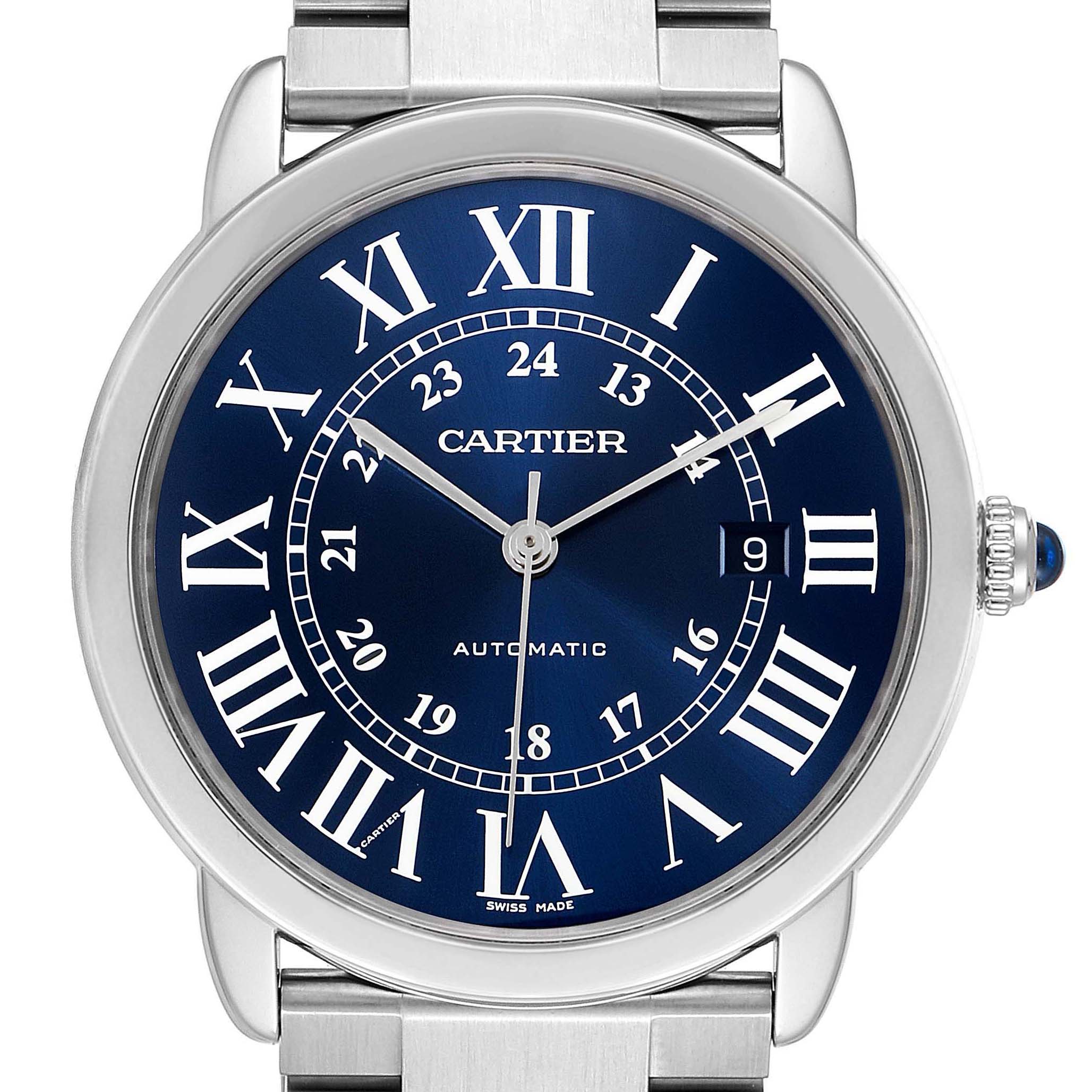 The image shows a front view of the Cartier Ronde WSRN0023 Men's Stainless Steel Blue Dial WSRN0023 Men's Stainless Steel Blue Dial model watch, displaying its blue dial, Roman numerals, and date indicator.