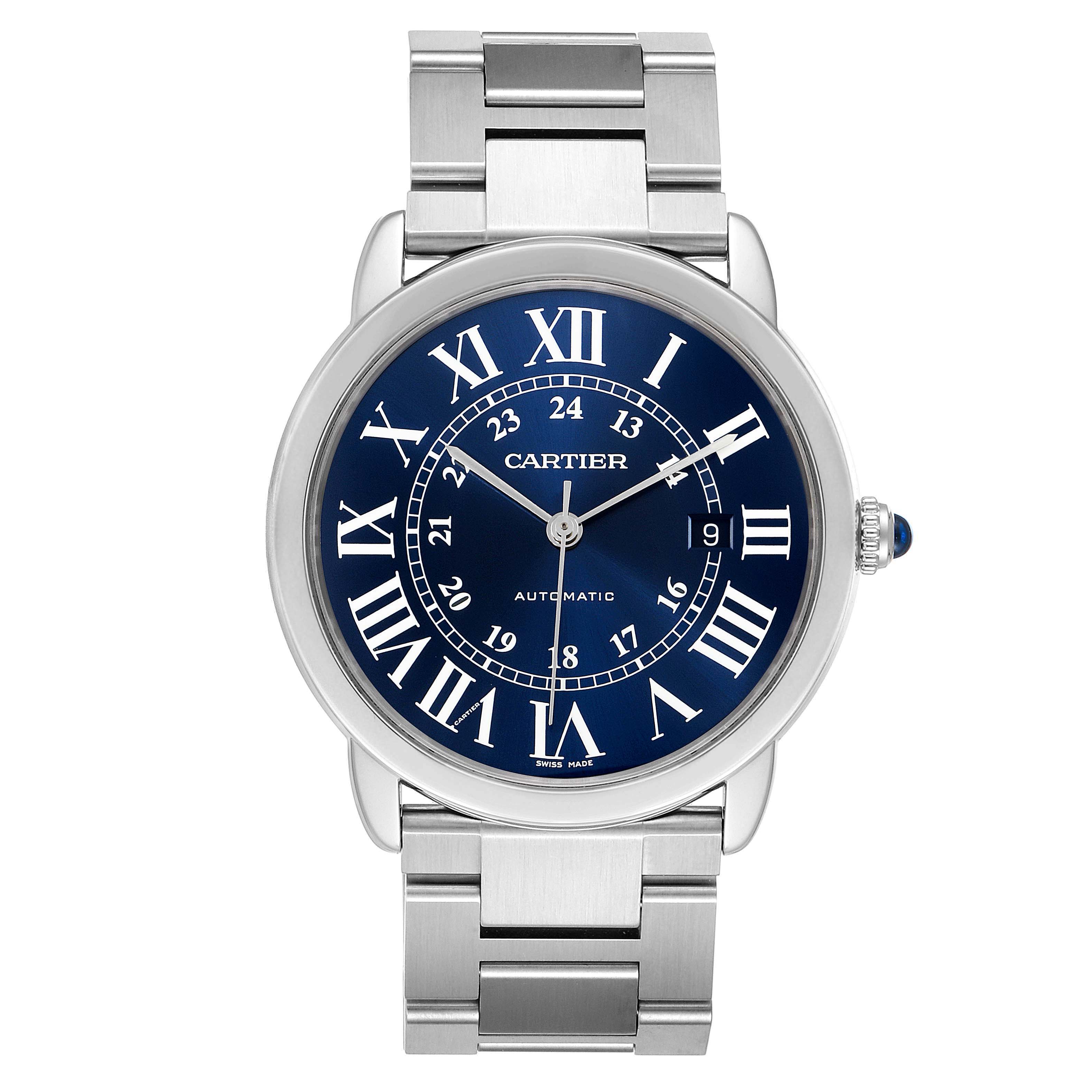 The image shows a front view of the Cartier Ronde WSRN0023 Men's Stainless Steel Blue Dial WSRN0023 Men's Stainless Steel Blue Dial watch with a blue dial and a stainless steel bracelet.