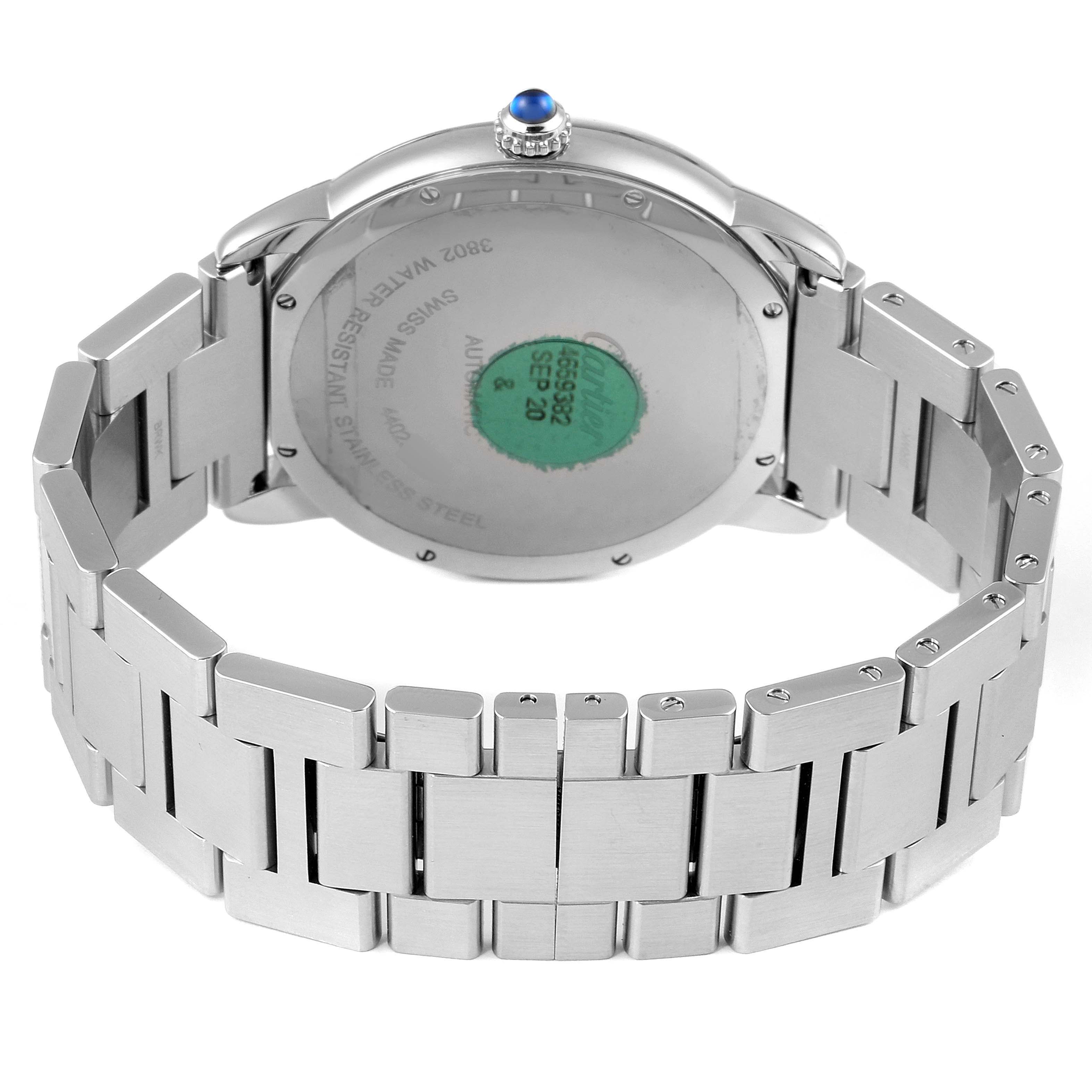 This image shows the back view of a Cartier Ronde WSRN0023 Men's Stainless Steel Blue Dial WSRN0023 Men's Stainless Steel Blue Dial watch, highlighting its case back and metal bracelet.