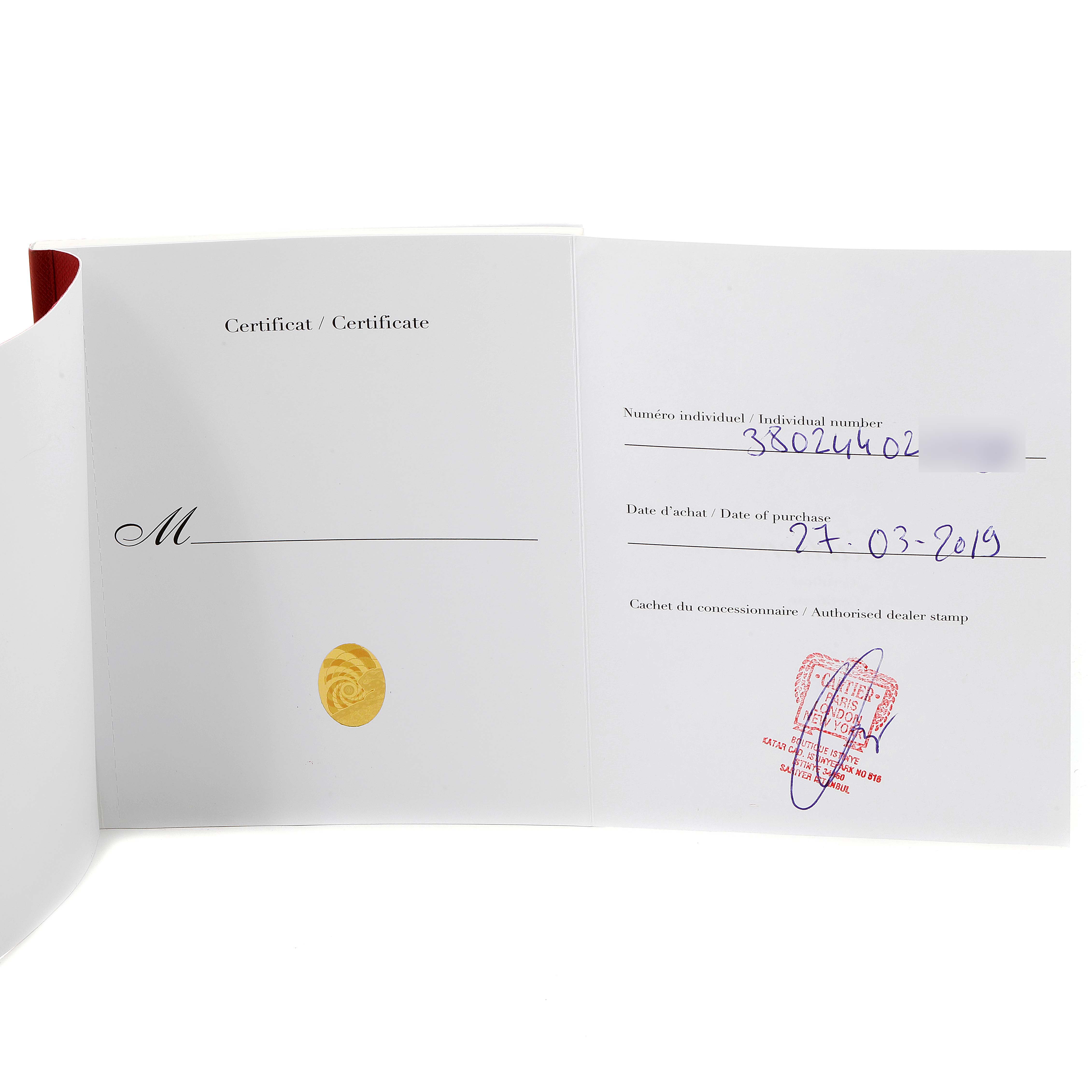 The image shows the certificate and purchase details for the Cartier Ronde WSRN0023 Men's Stainless Steel Blue Dial WSRN0023 Men's Stainless Steel Blue Dial model watch.