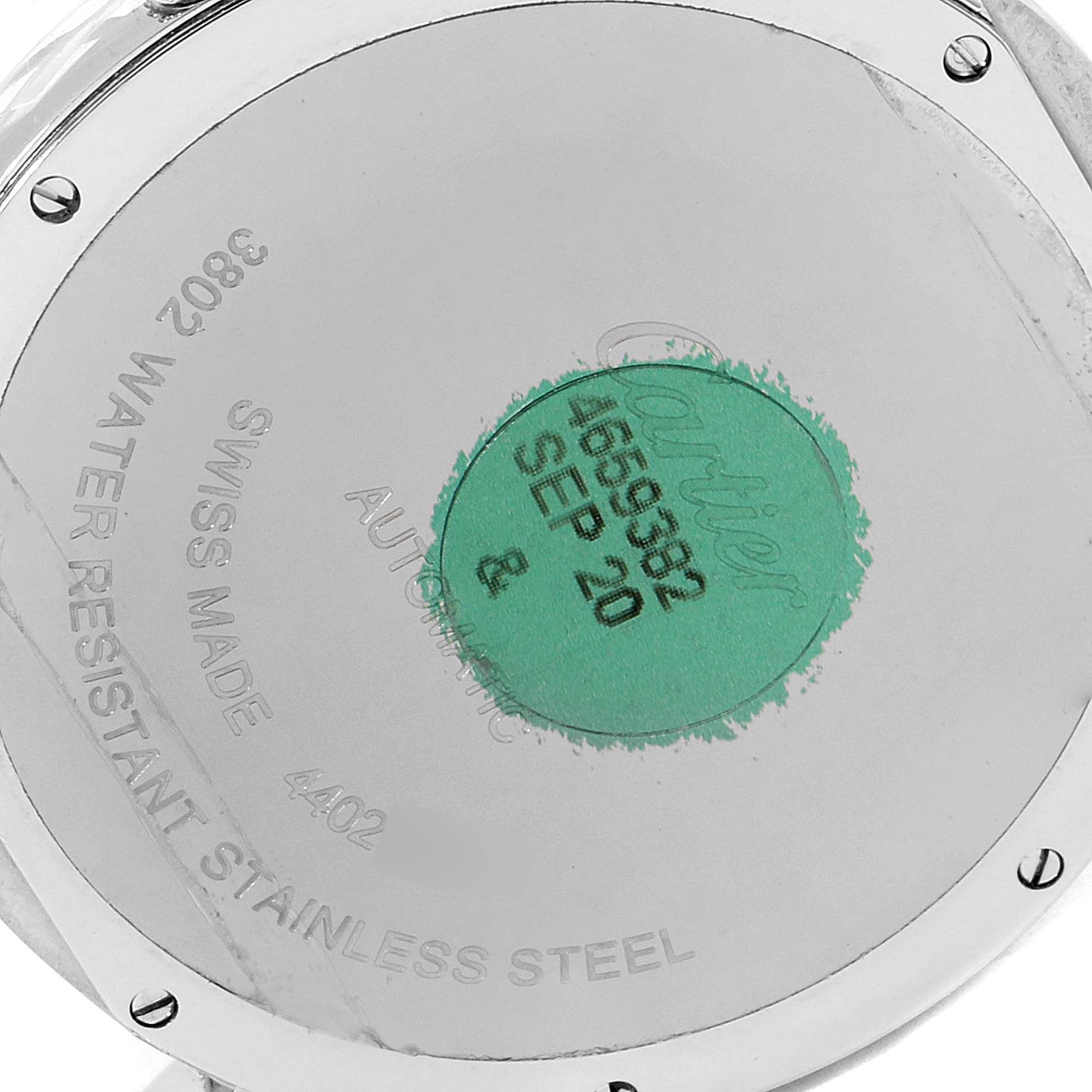 The image shows the back case of the Cartier Ronde WSRN0023 Men's Stainless Steel Blue Dial WSRN0023 Men's Stainless Steel Blue Dial watch, highlighting its water resistance and stainless steel material.