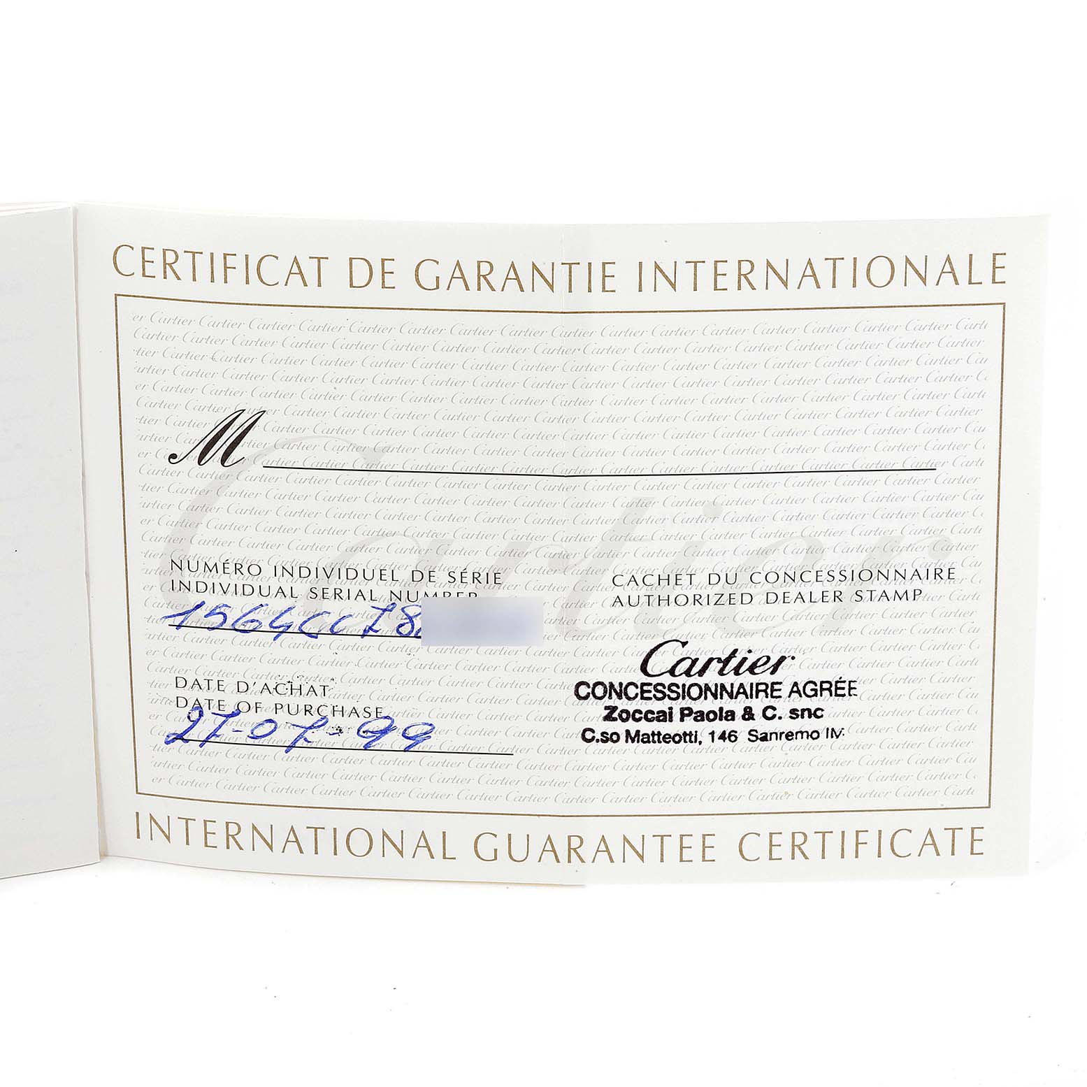 The image shows the international guarantee certificate for the Cartier Santos W20060D6 Men
s Stainless Steel Silver Dial W20060D6 Men
s Stainless Steel Silver Dial model watch.