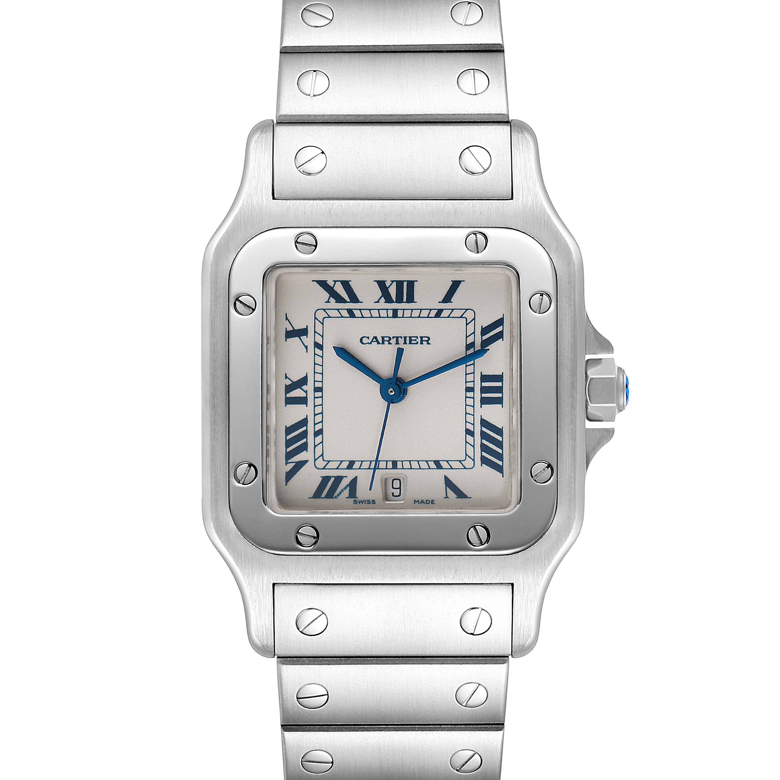 This image shows a front view of the Cartier Santos W20060D6 Men
s Stainless Steel Silver Dial W20060D6 Men
s Stainless Steel Silver Dial watch, detailing its face, bezel, and bracelet.