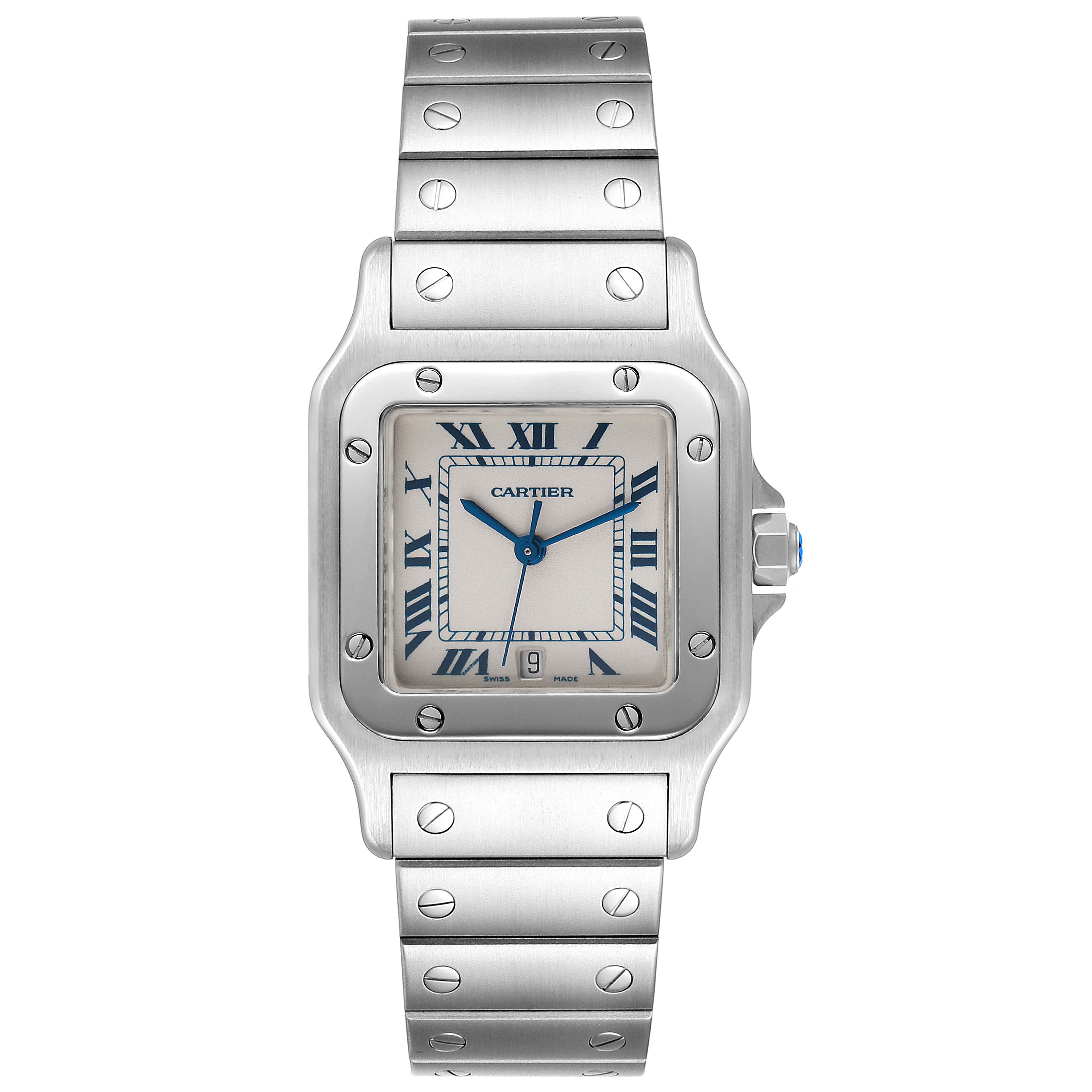 This Cartier Santos W20060D6 Men
s Stainless Steel Silver Dial W20060D6 Men
s Stainless Steel Silver Dial watch is shown from a top view, displaying its face, bezel, and metal bracelet.