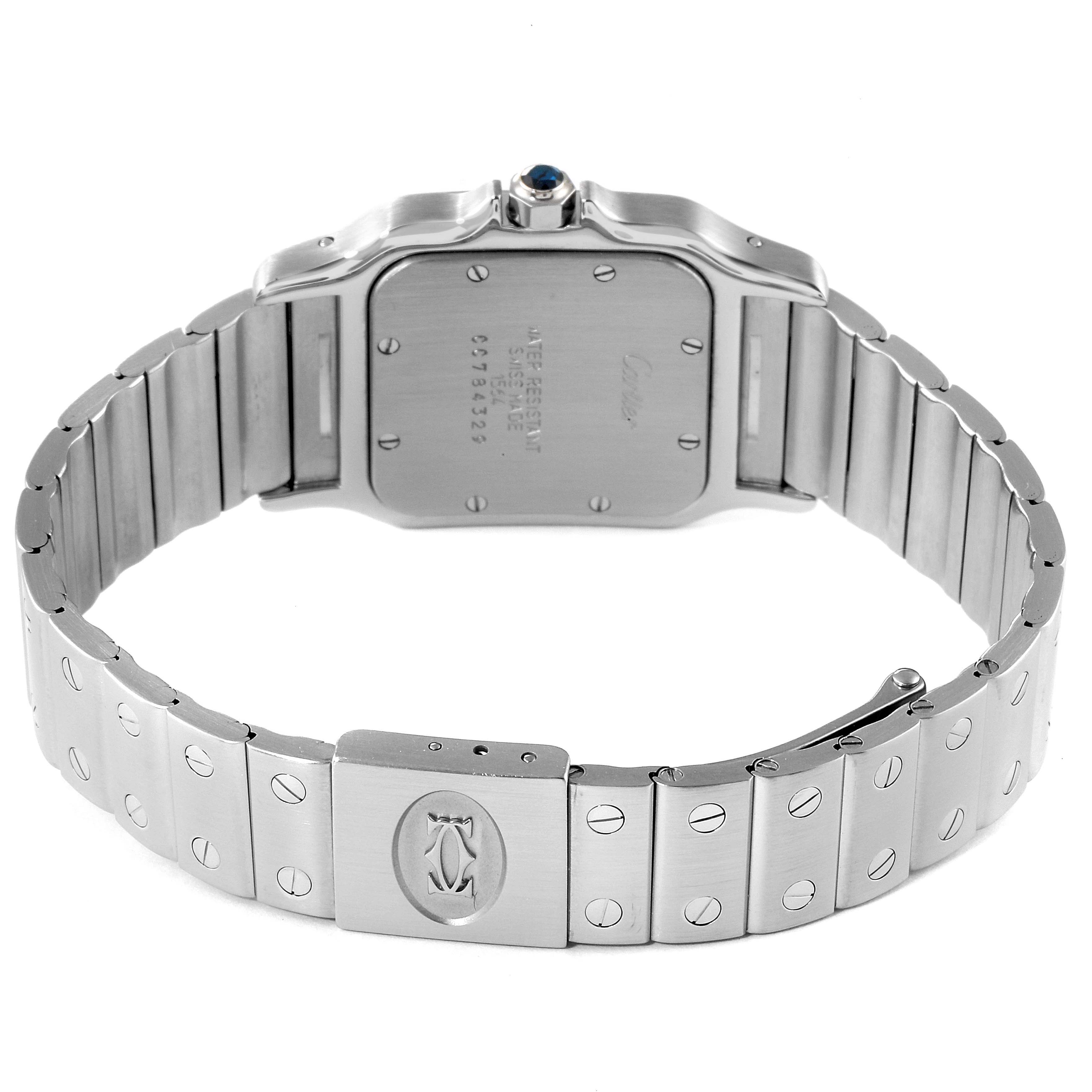 This image shows the back view of the Cartier Santos W20060D6 Men
s Stainless Steel Silver Dial W20060D6 Men
s Stainless Steel Silver Dial watch, highlighting its stainless steel case and bracelet with visible screws.