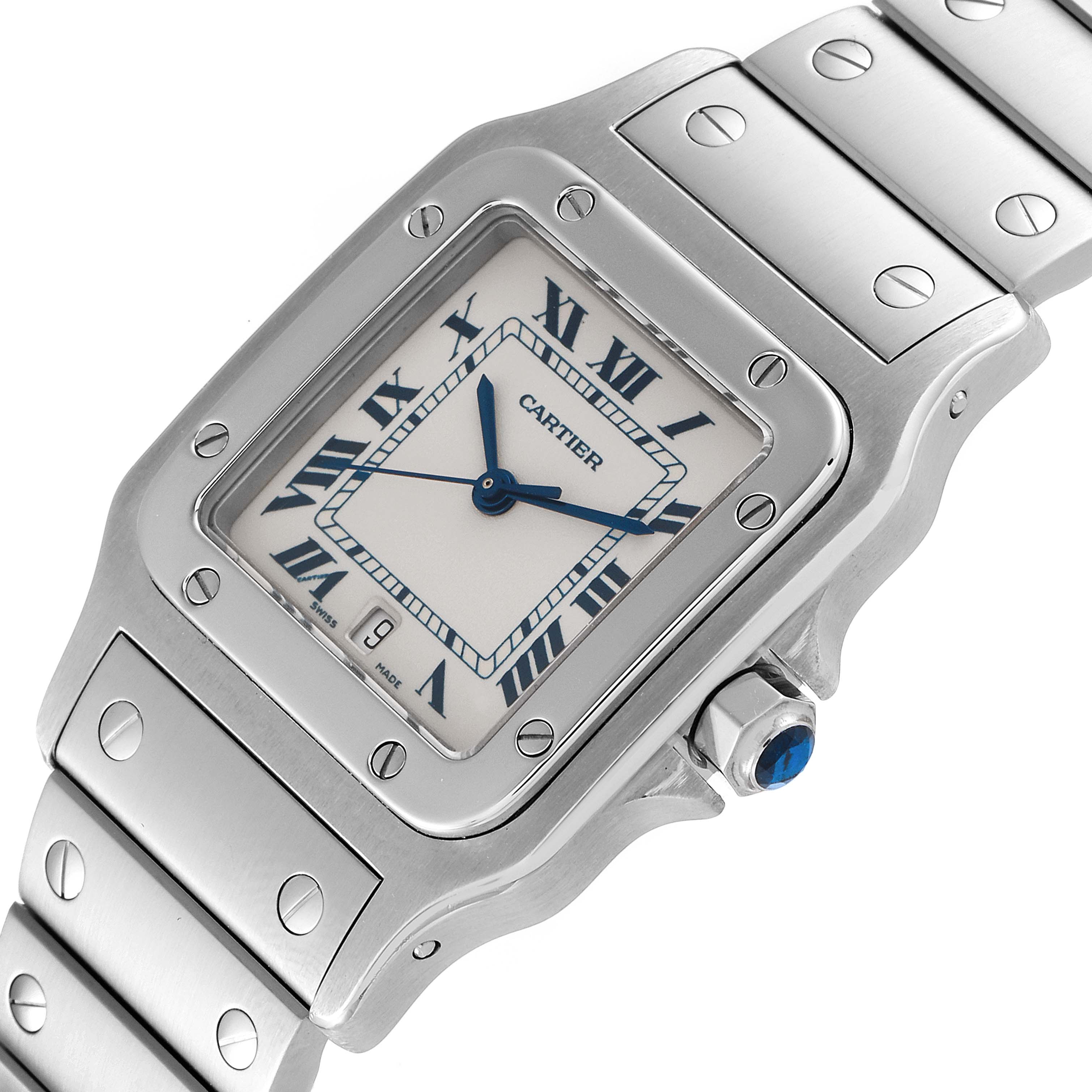 This image shows a close-up angled view of the Santos model by Cartier, showcasing the case, dial, and part of the bracelet.