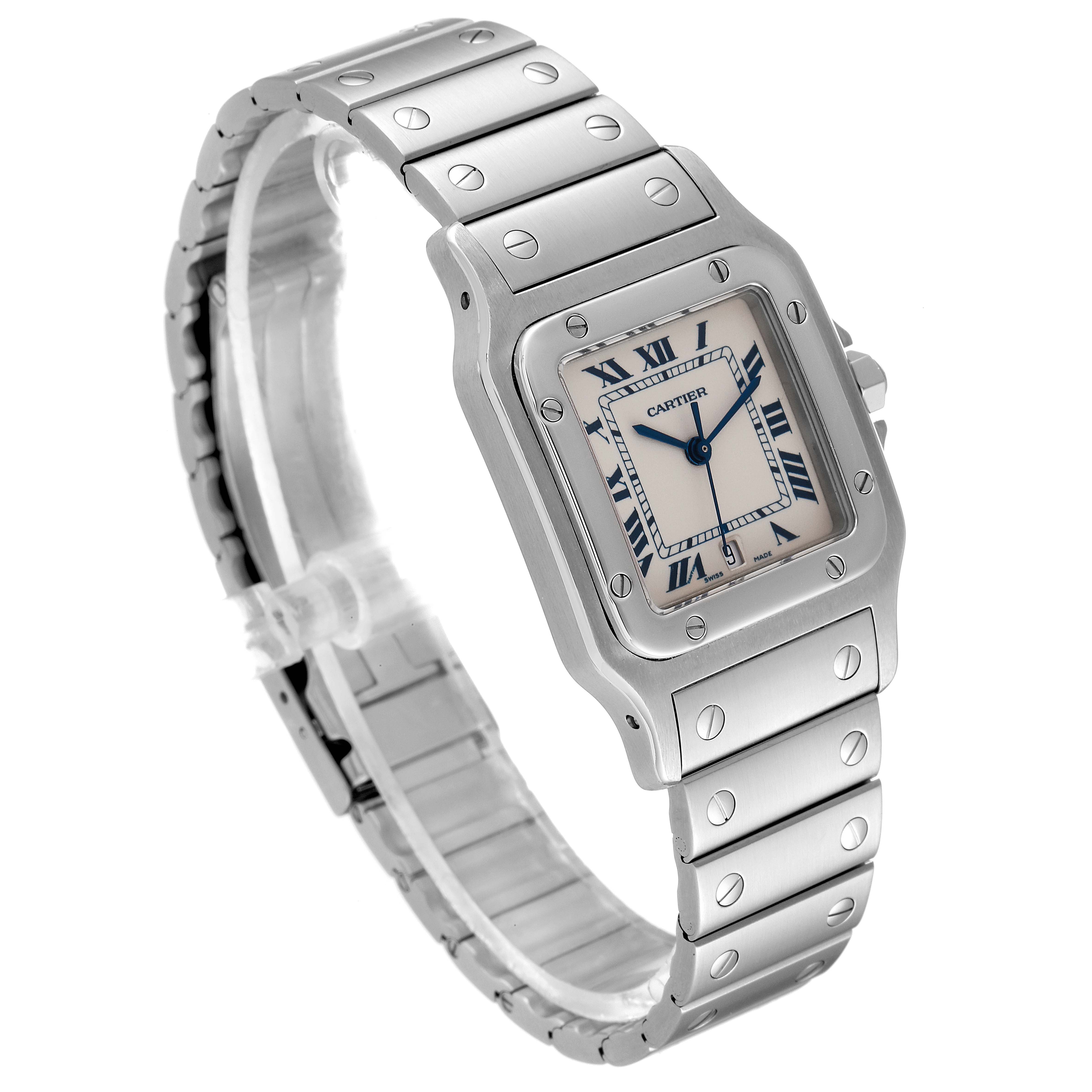 The Cartier Santos W20060D6 Men
s Stainless Steel Silver Dial W20060D6 Men
s Stainless Steel Silver Dial watch is shown at a three-quarter angle, highlighting its face, bezel, bracelet, and deployant clasp.