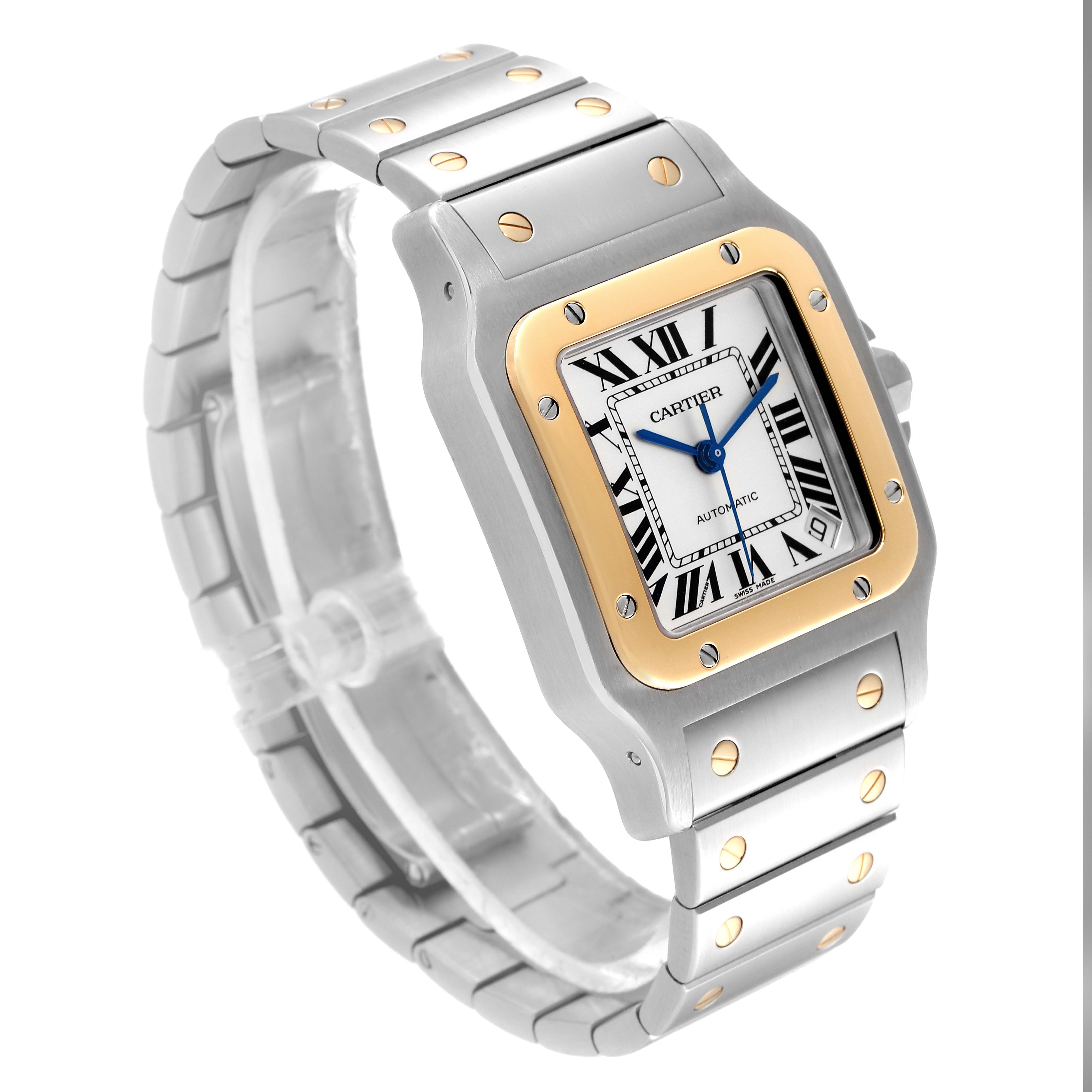 The image shows a Cartier Santos W20099C4 Men
s Steel and Gold (two tone) Silver Dial W20099C4 Men
s Steel and Gold (two tone) Silver Dial watch at a three-quarter angle, displaying its face, metal band, and screws.