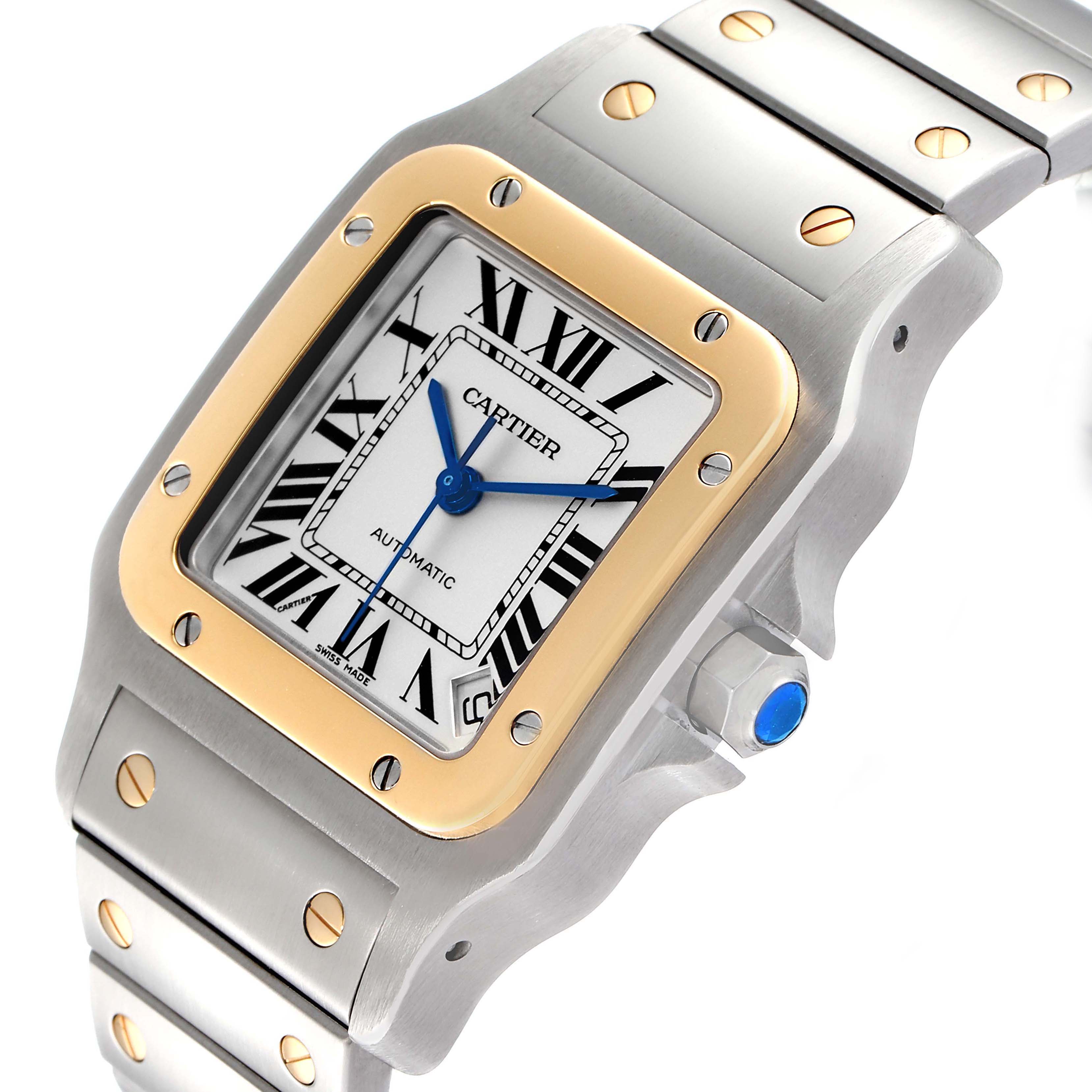 This image shows the Santos model by Cartier from an angled view, highlighting the face, bezel, and part of the bracelet.