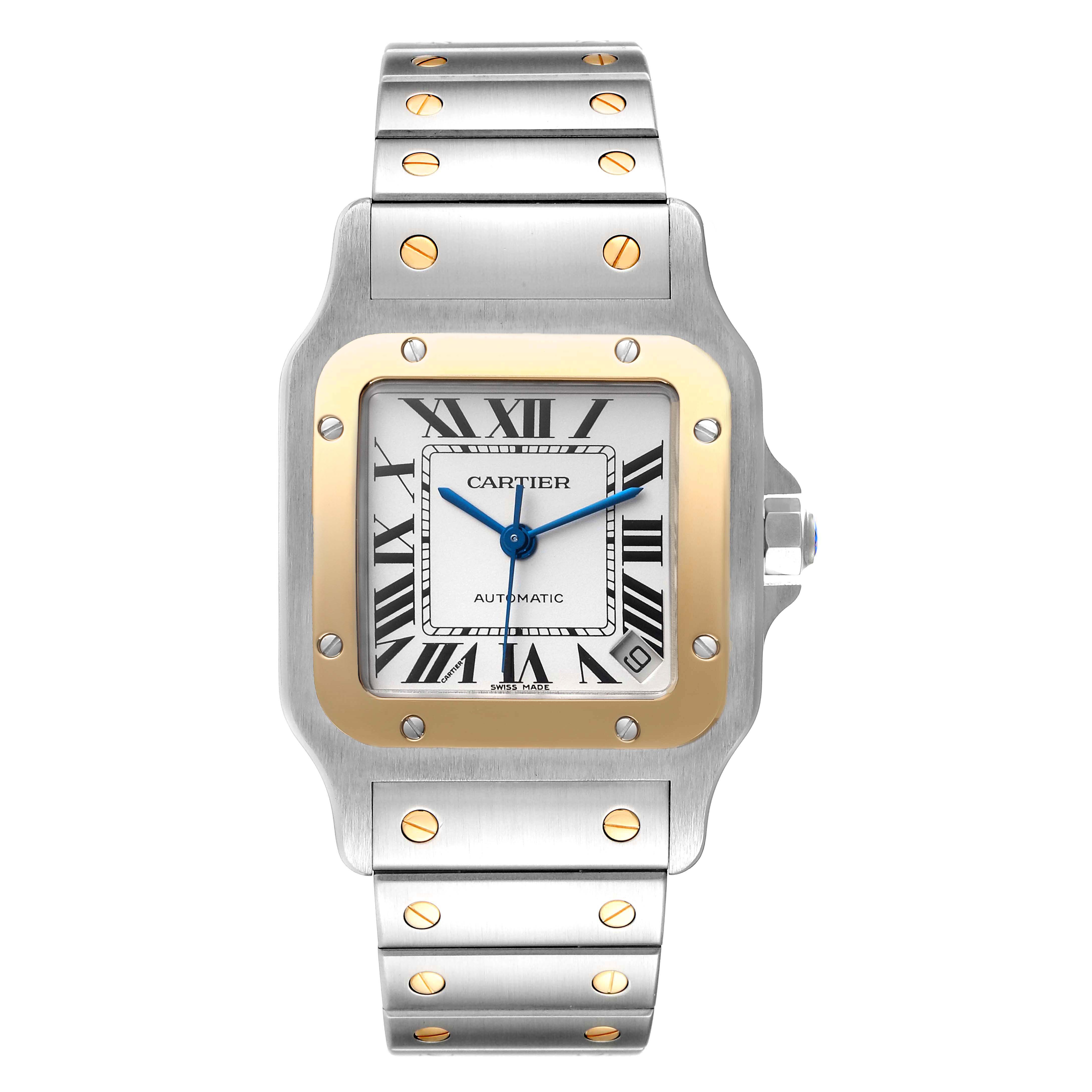 This image shows a front view of the Cartier Santos W20099C4 Men
s Steel and Gold (two tone) Silver Dial W20099C4 Men
s Steel and Gold (two tone) Silver Dial watch, displaying the face, bezel, and part of the bracelet.