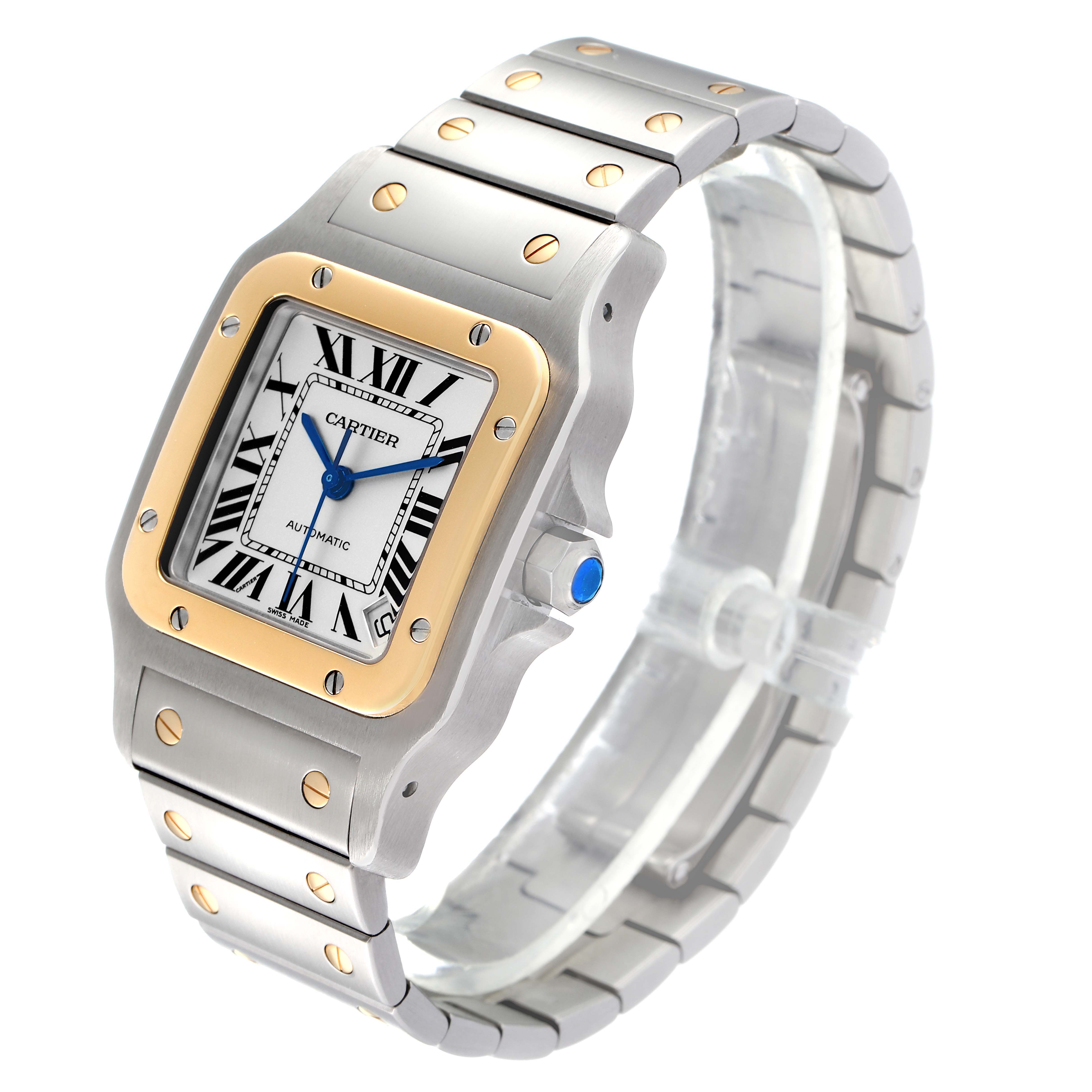 This image shows a Cartier Santos W20099C4 Men
s Steel and Gold (two tone) Silver Dial W20099C4 Men
s Steel and Gold (two tone) Silver Dial watch at a three-quarter angle displaying the face, bezel, and bracelet.