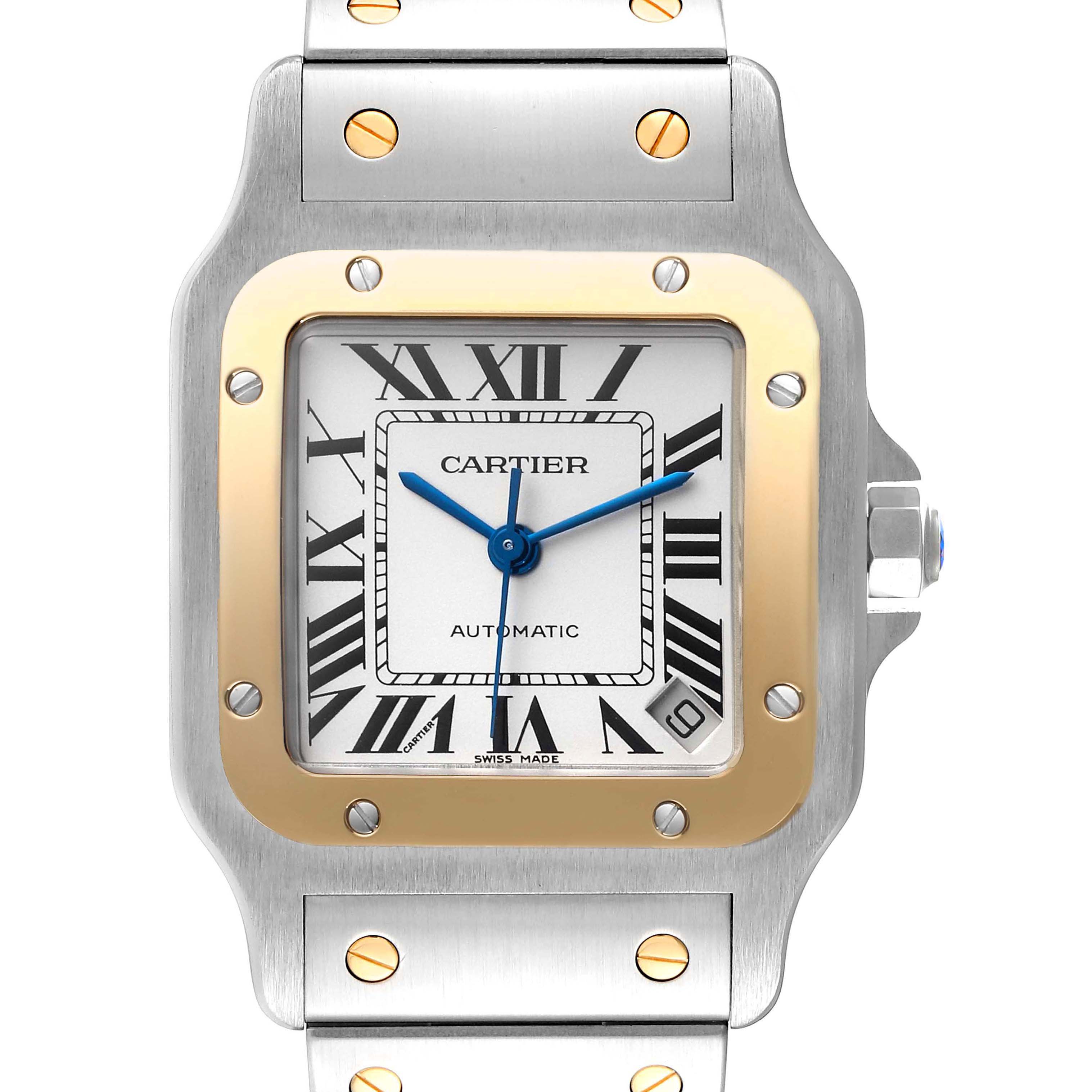 This image shows a Cartier Santos W20099C4 Men
s Steel and Gold (two tone) Silver Dial W20099C4 Men
s Steel and Gold (two tone) Silver Dial watch from a front view, highlighting the face, bezel, and part of the bracelet.