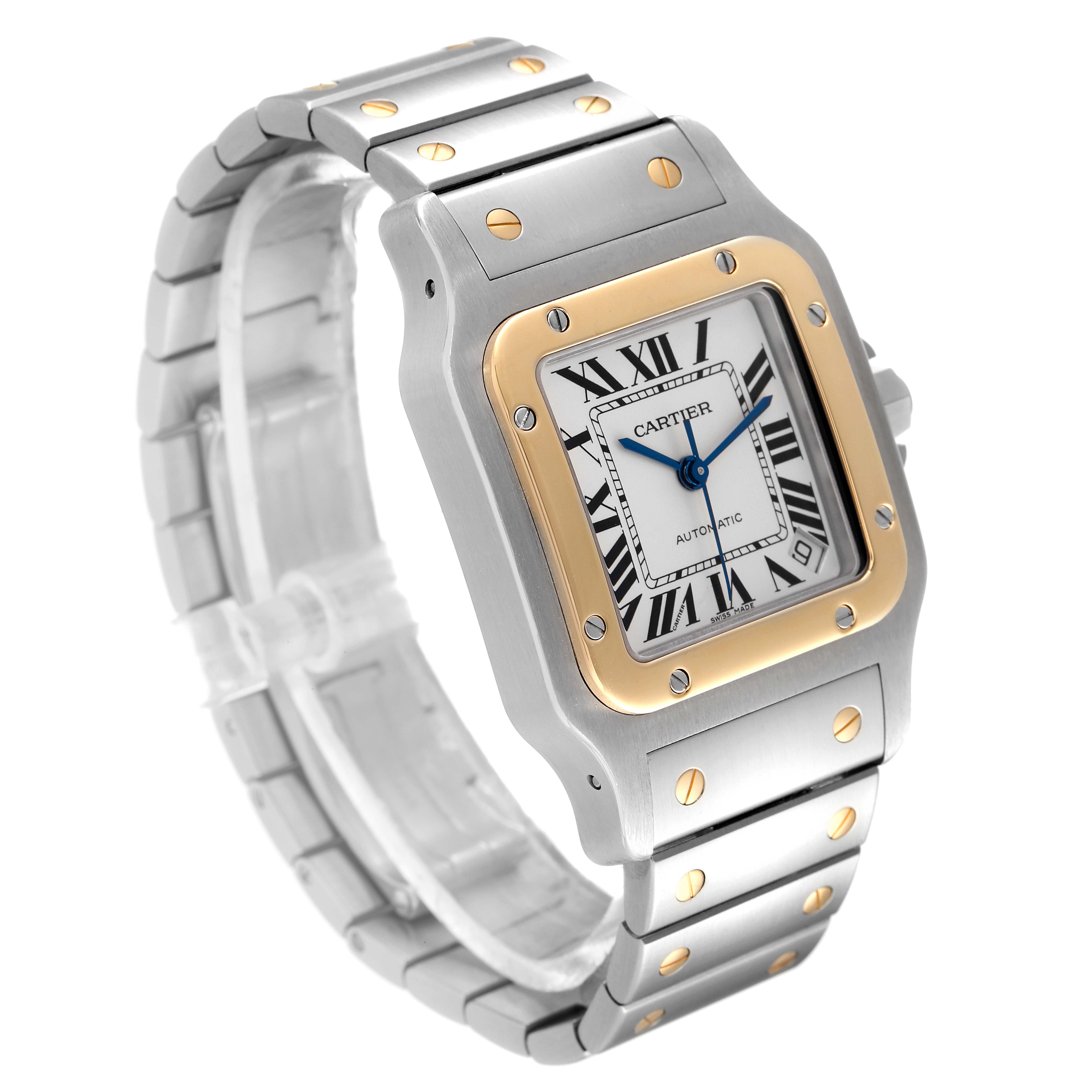 This image shows the front and side view of a Cartier Santos W20099C4 Men
s Steel and Gold (two tone) Silver Dial W20099C4 Men
s Steel and Gold (two tone) Silver Dial watch, featuring a metal band and square face.